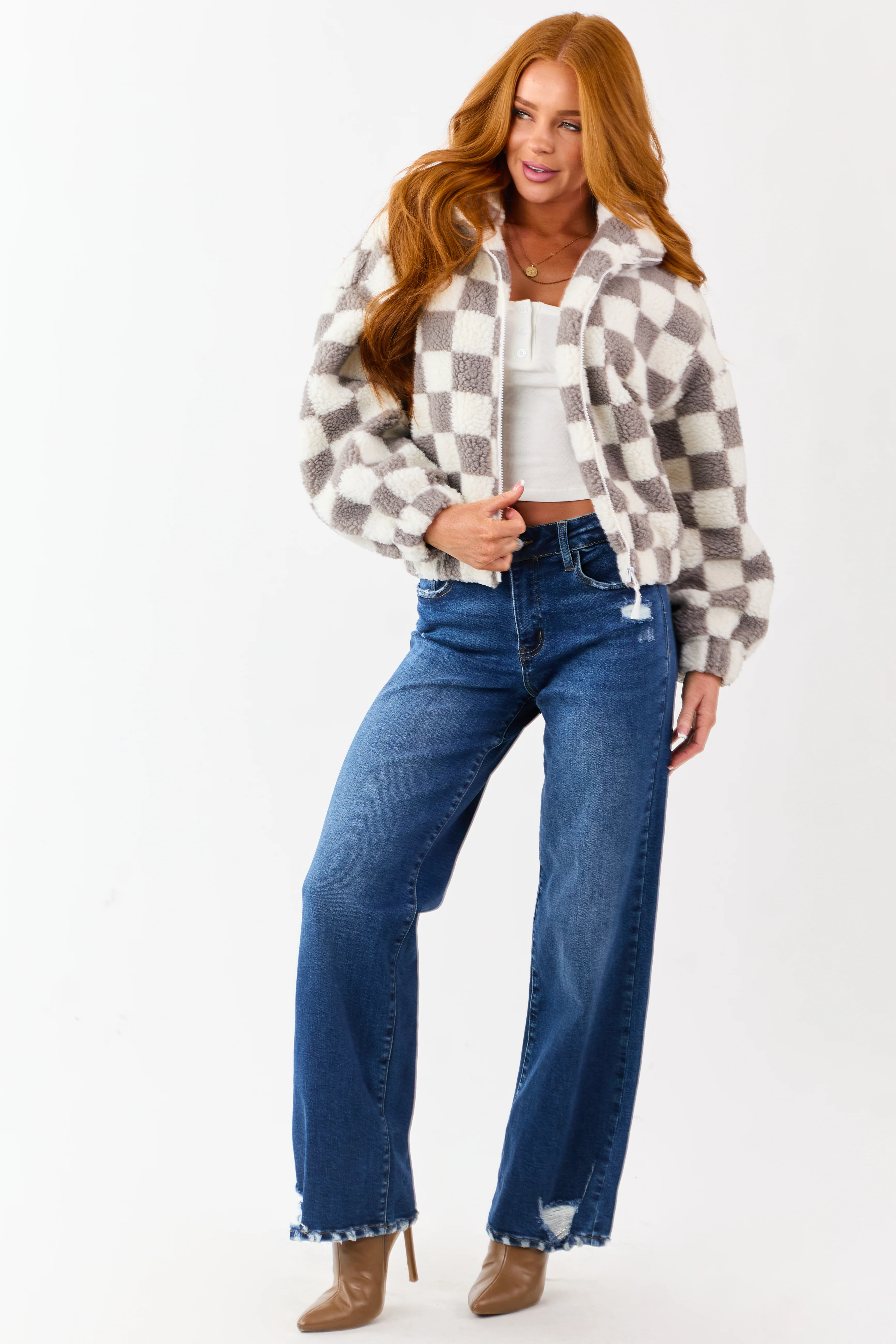 Ivory and Steel Checkered Sherpa Zip Up Jacket - Image 4