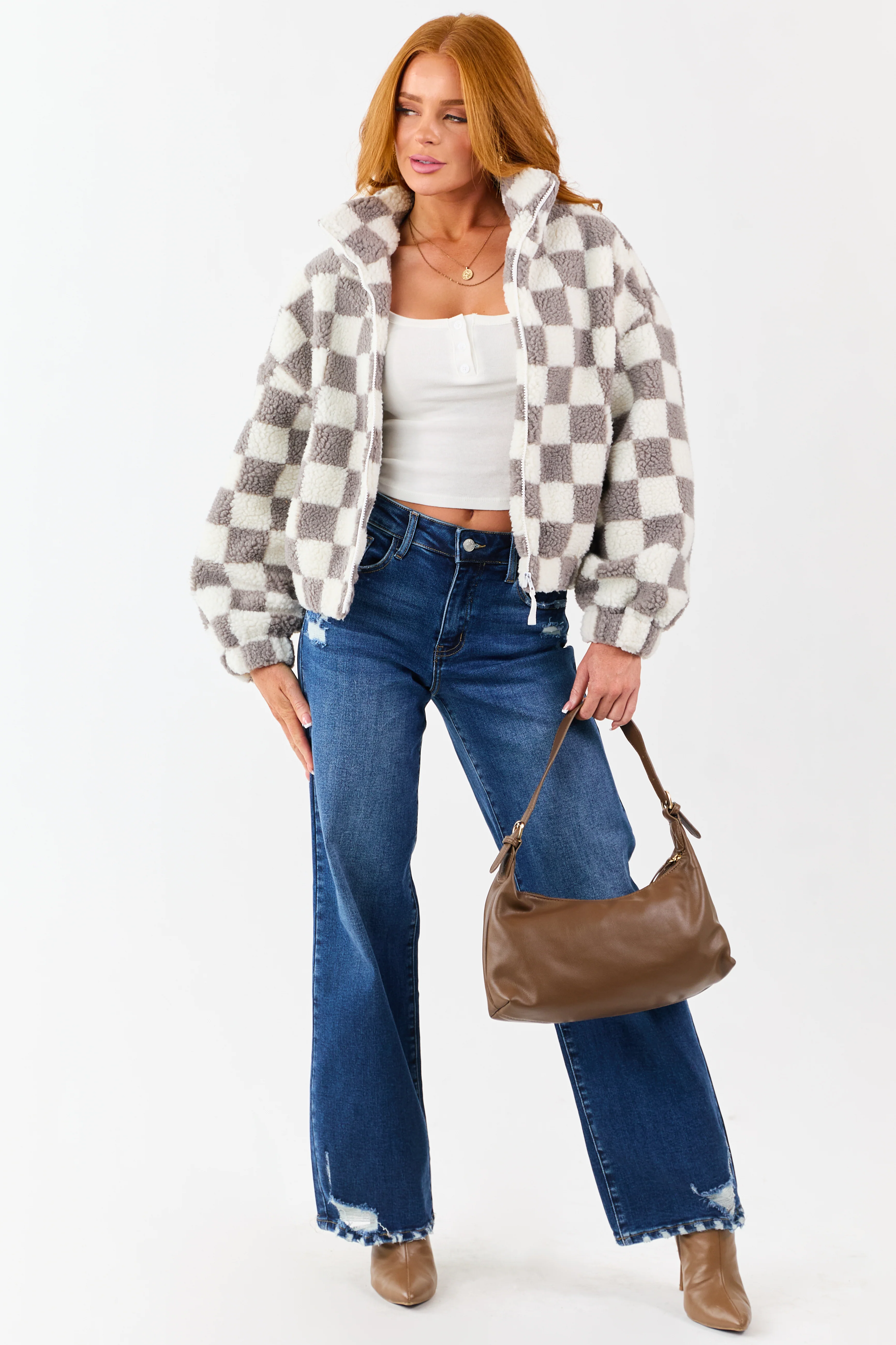Ivory and Steel Checkered Sherpa Zip Up Jacket - Image 5