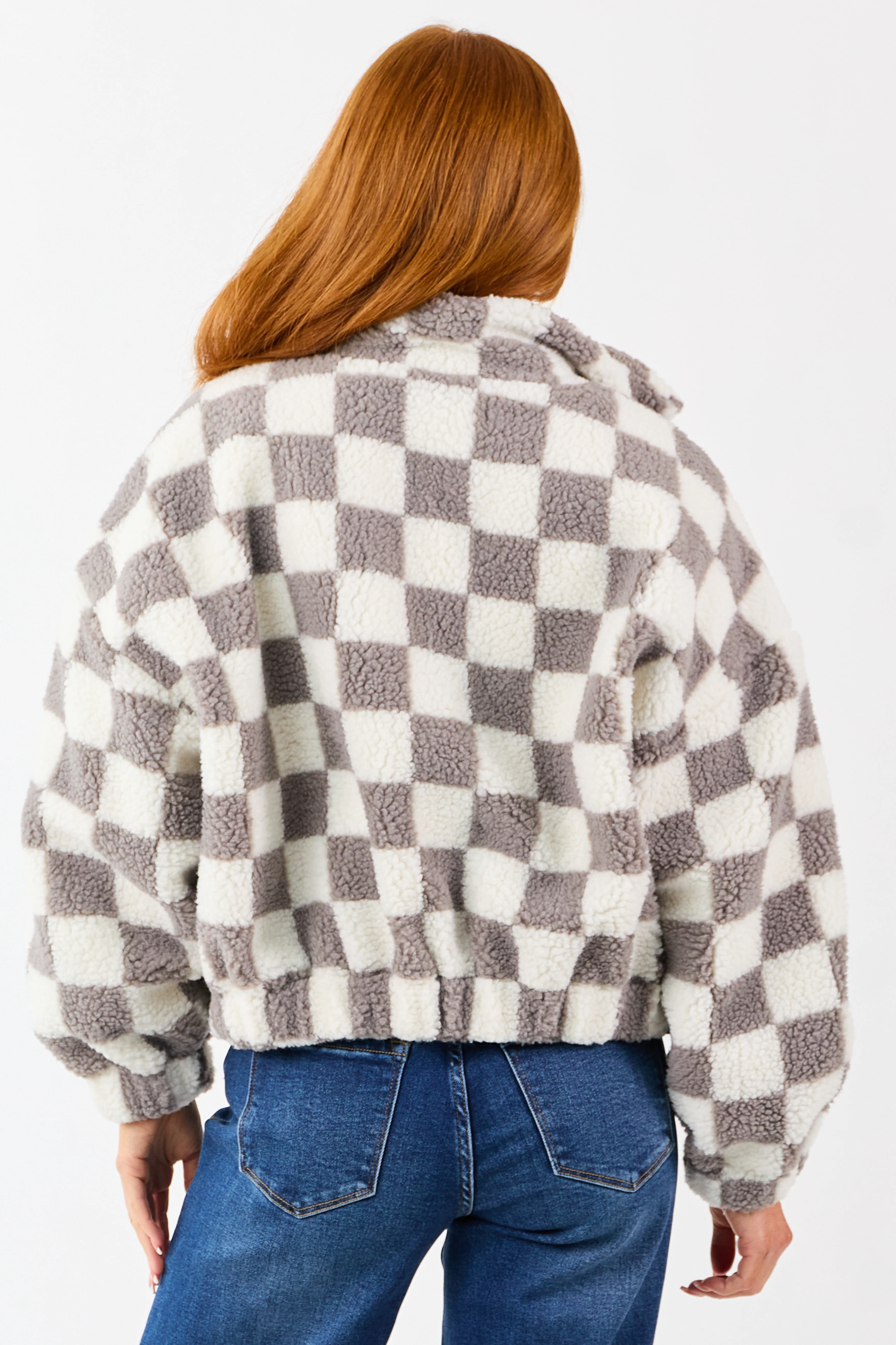 Ivory and Steel Checkered Sherpa Zip Up Jacket - Image 7