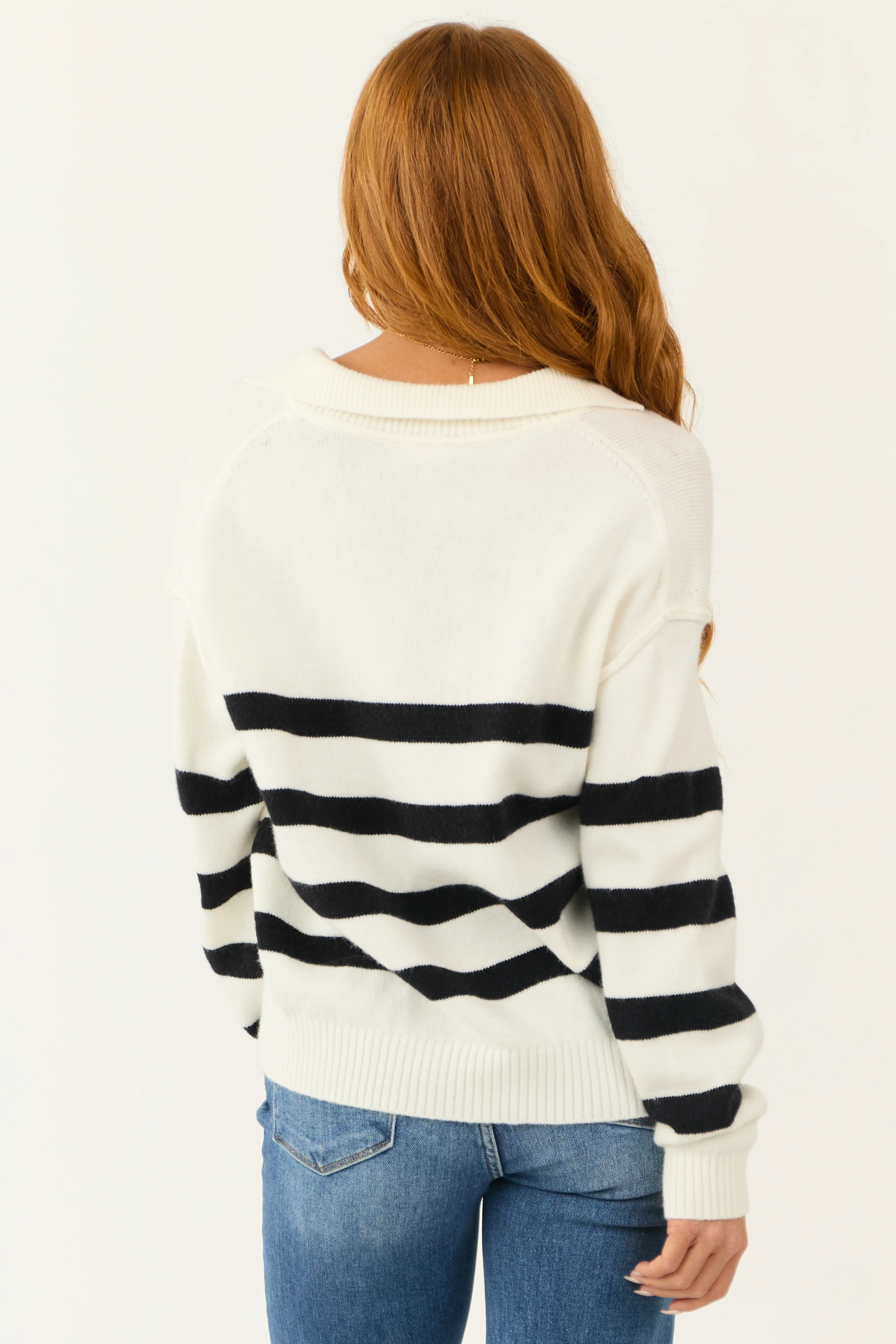 Ivory Striped Knit V Neck Collared Sweater - Image 5