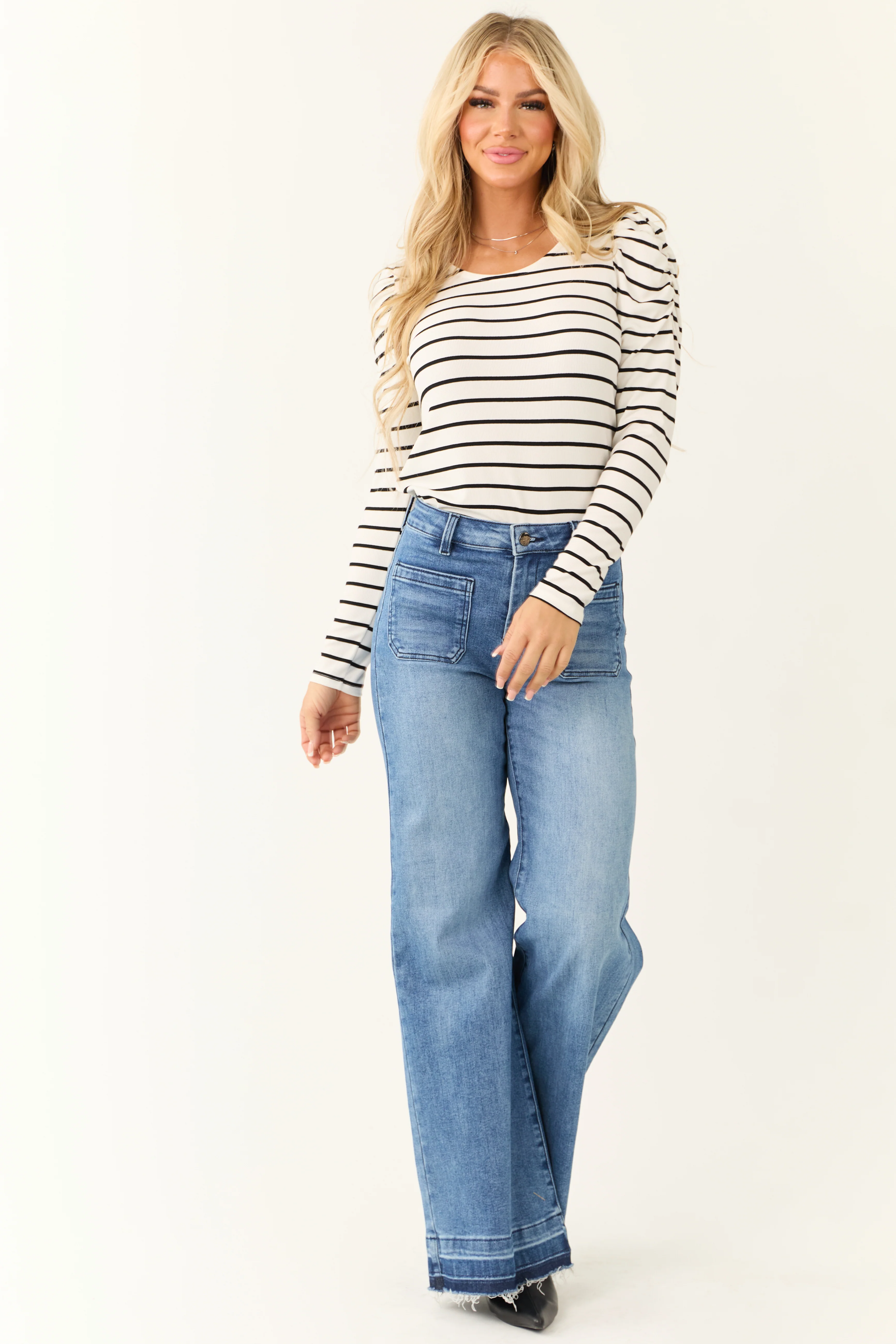 Ivory Striped Long Sleeve Ruched Top - Image 2