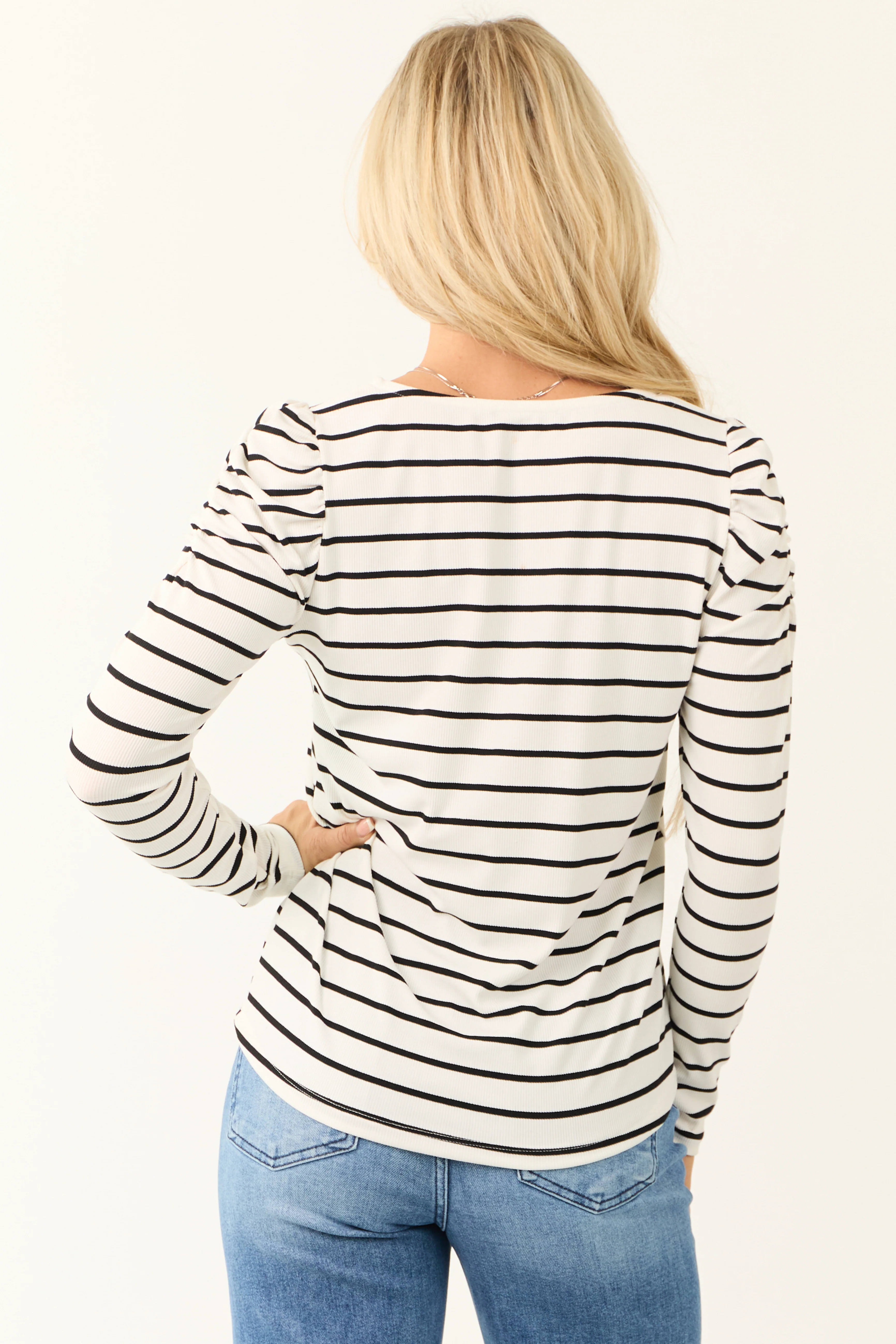 Ivory Striped Long Sleeve Ruched Top - Image 6