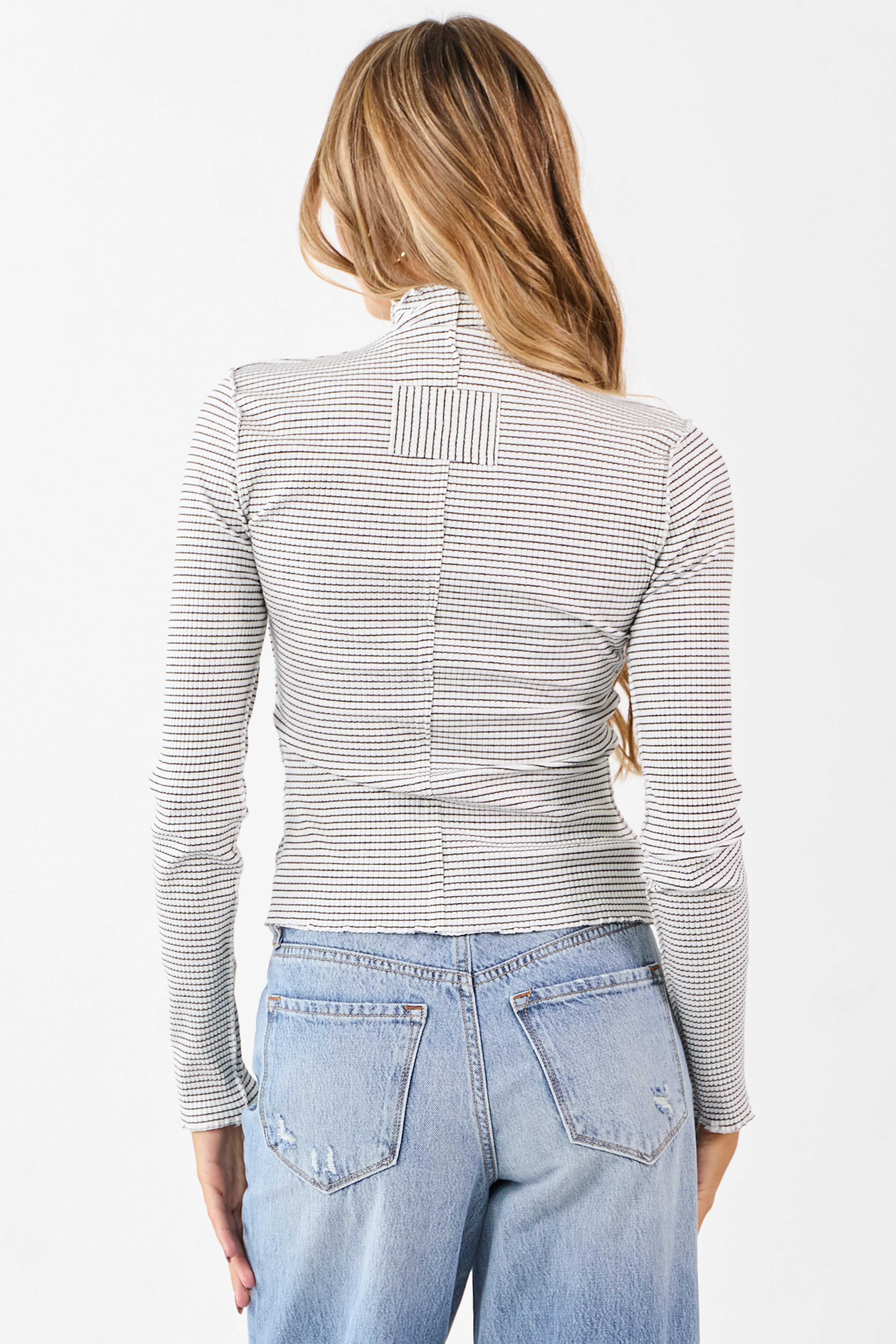 Ivory Striped Ribbed Knit Long Sleeve Mock Neck Top - Image 5
