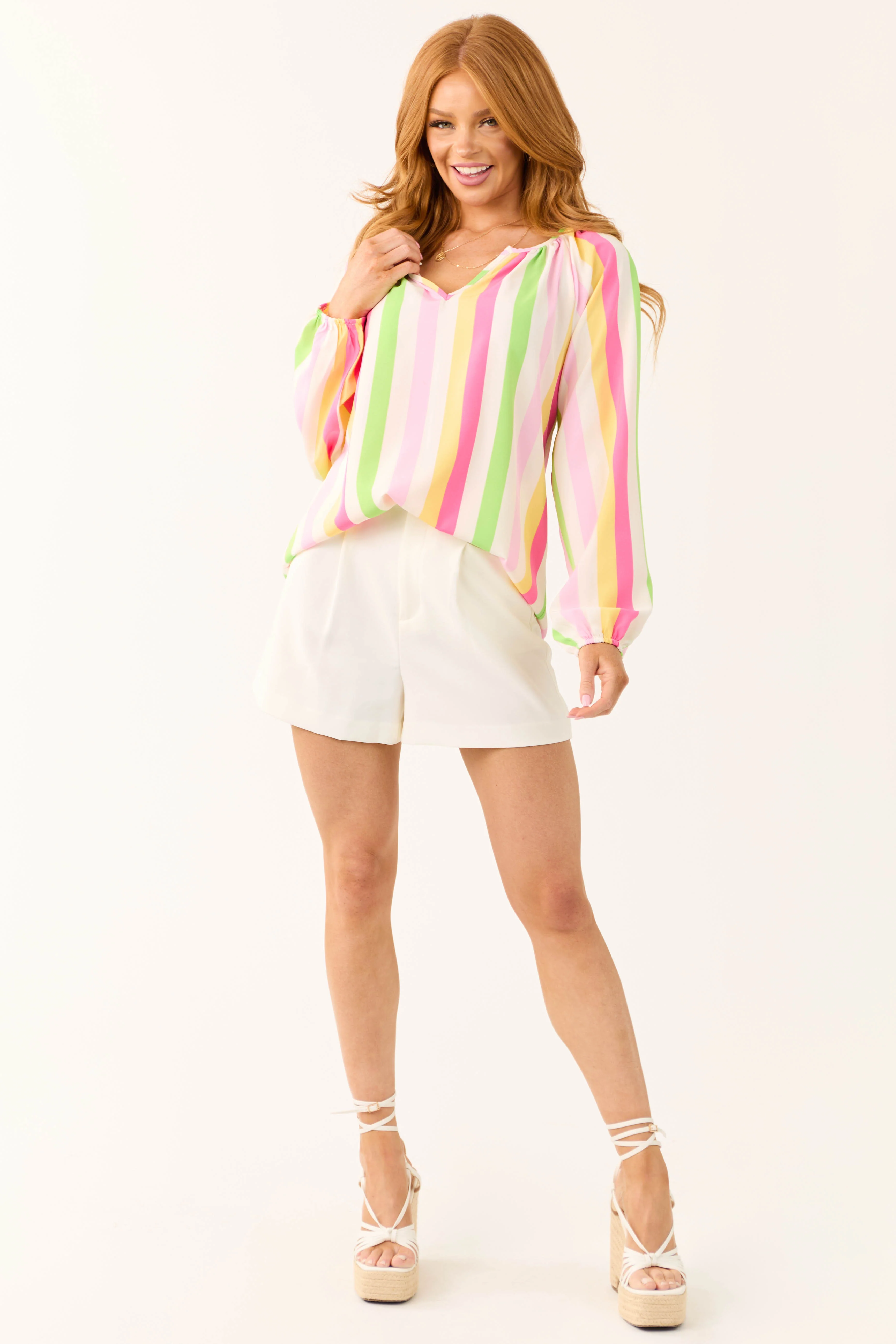 Ivory Striped Long Sleeve V Neck Top - Image 2