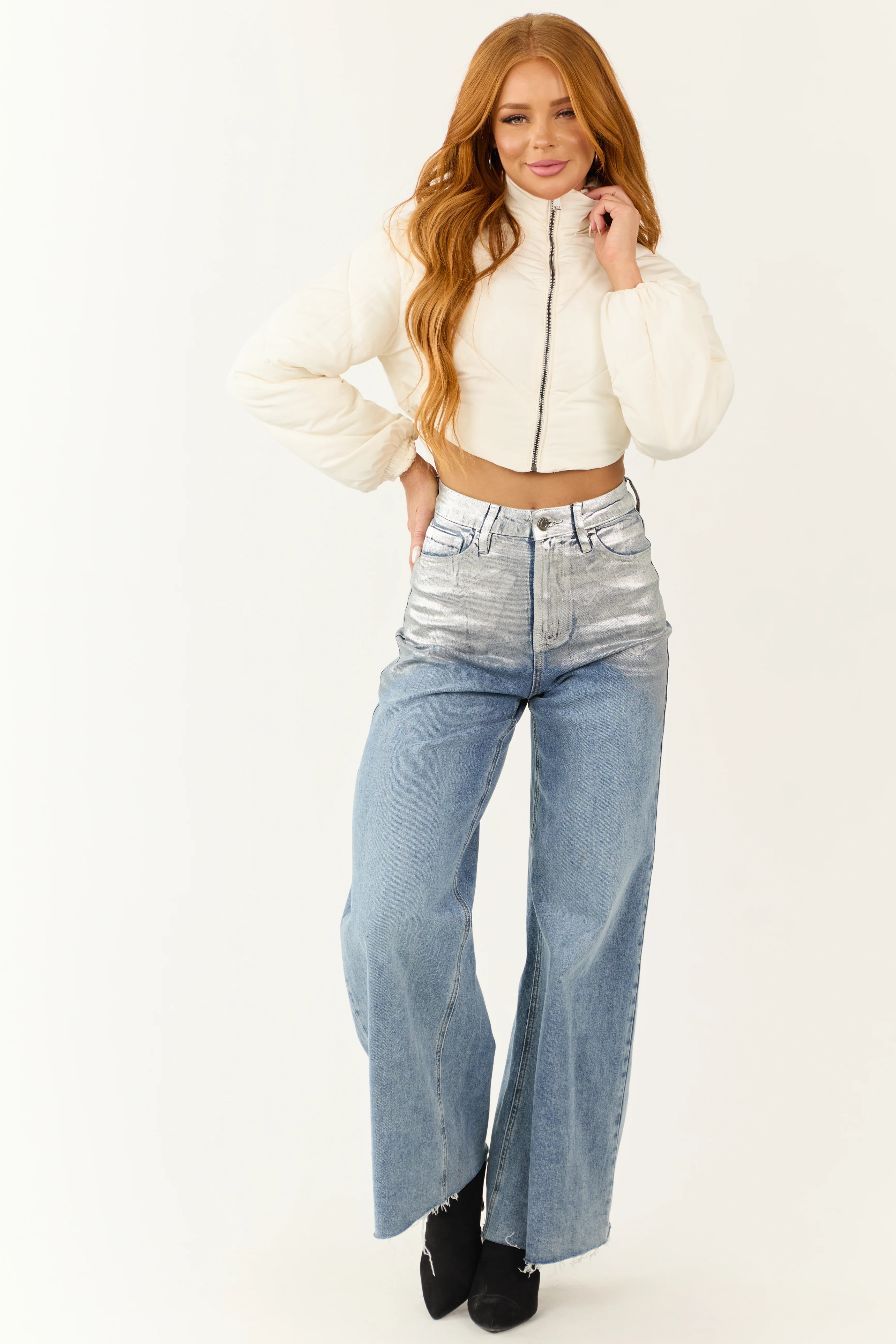 Ivory Super Cropped Zip Up Puffer Jacket - Image 4