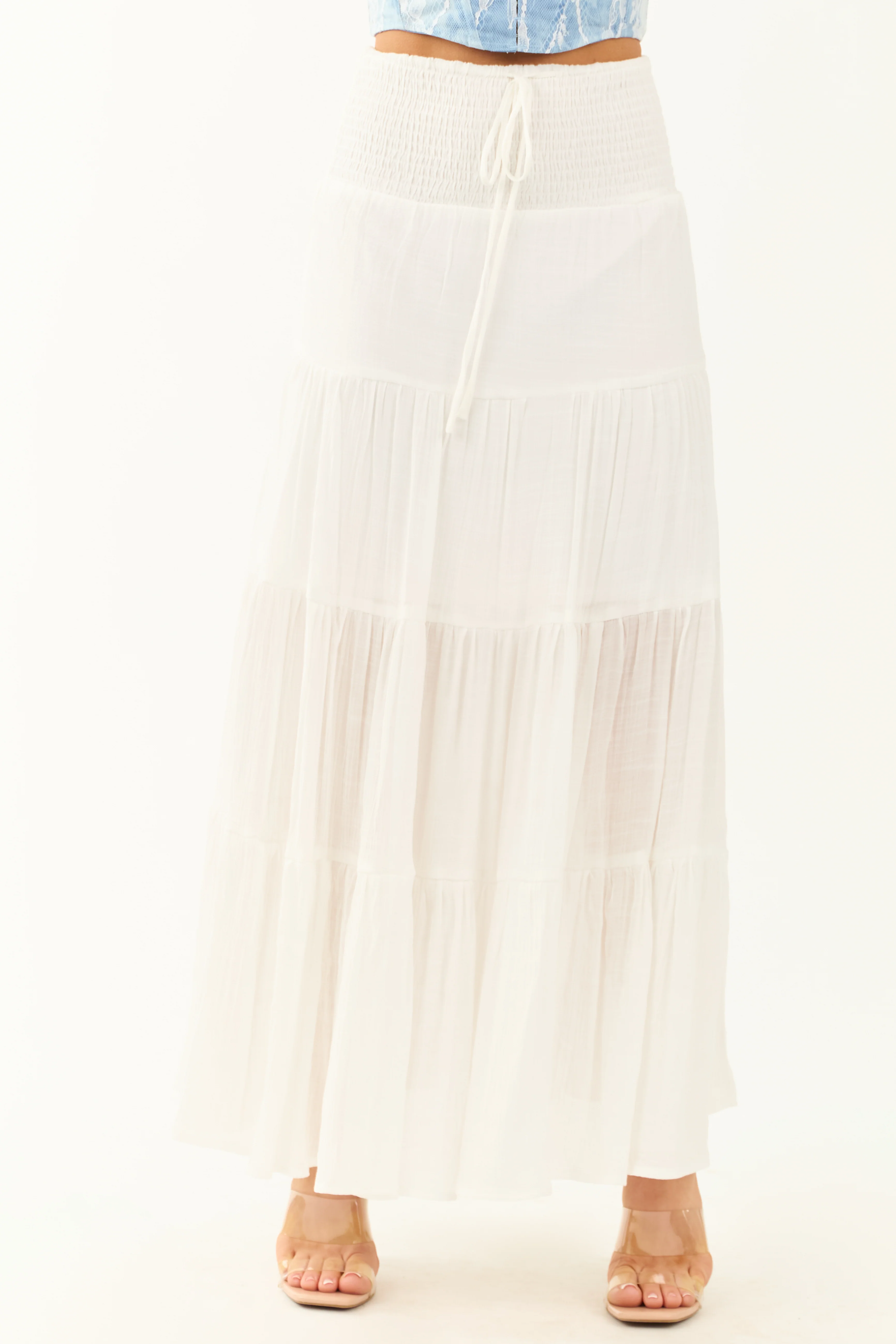Ivory Tiered Smocked Drawstring Waist Maxi Skirt - Image 2