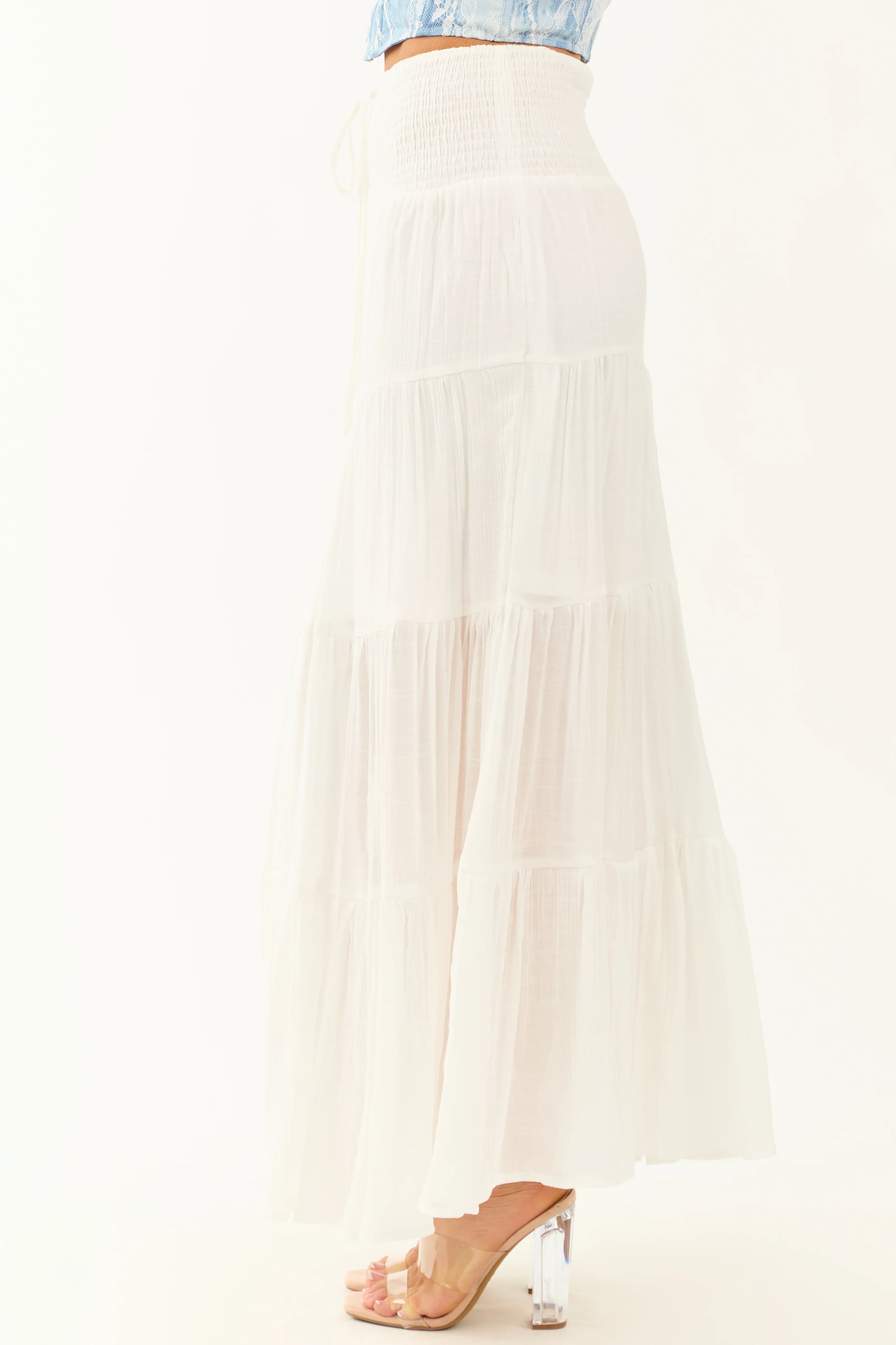 Ivory Tiered Smocked Drawstring Waist Maxi Skirt - Image 4