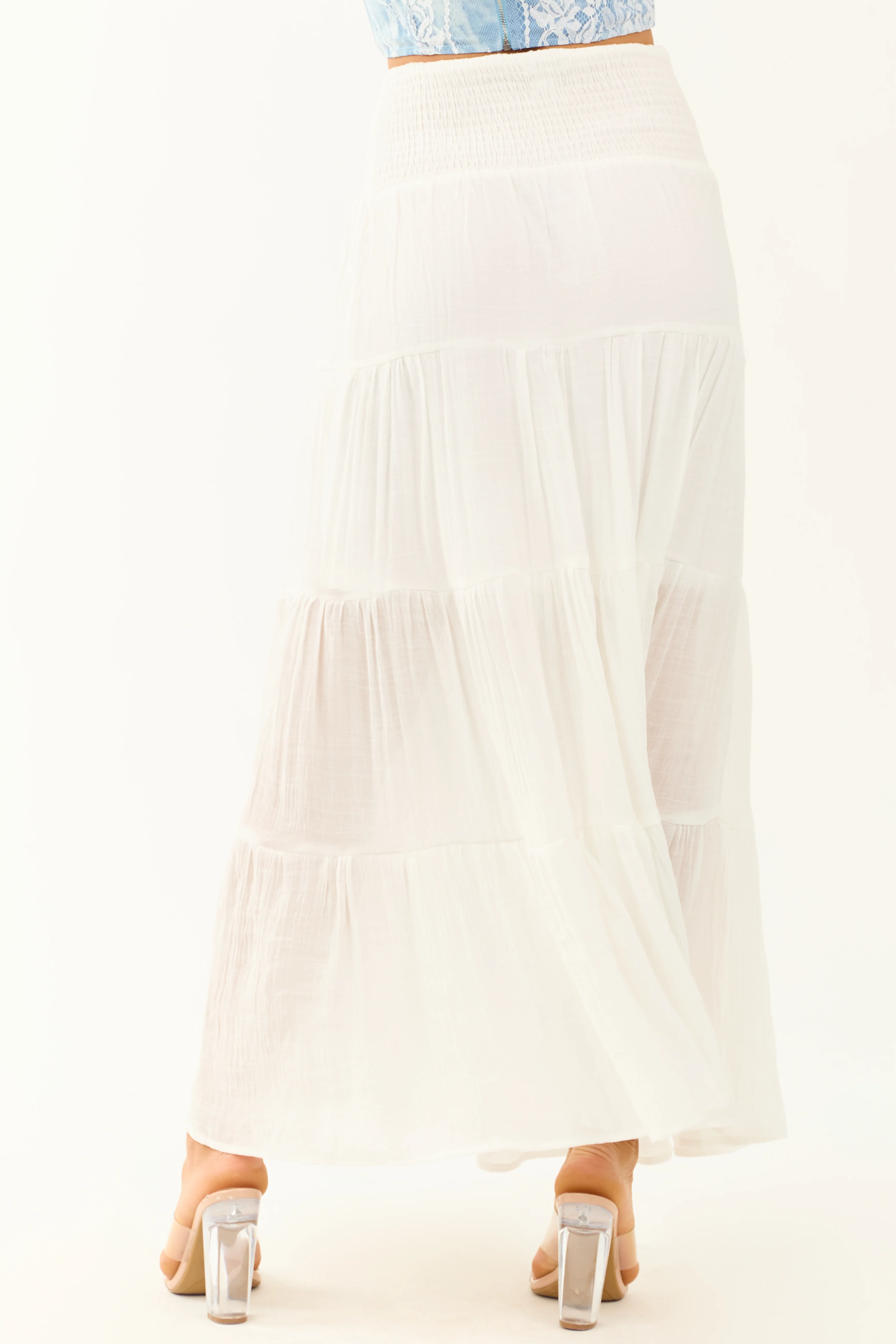 Ivory Tiered Smocked Drawstring Waist Maxi Skirt - Image 5