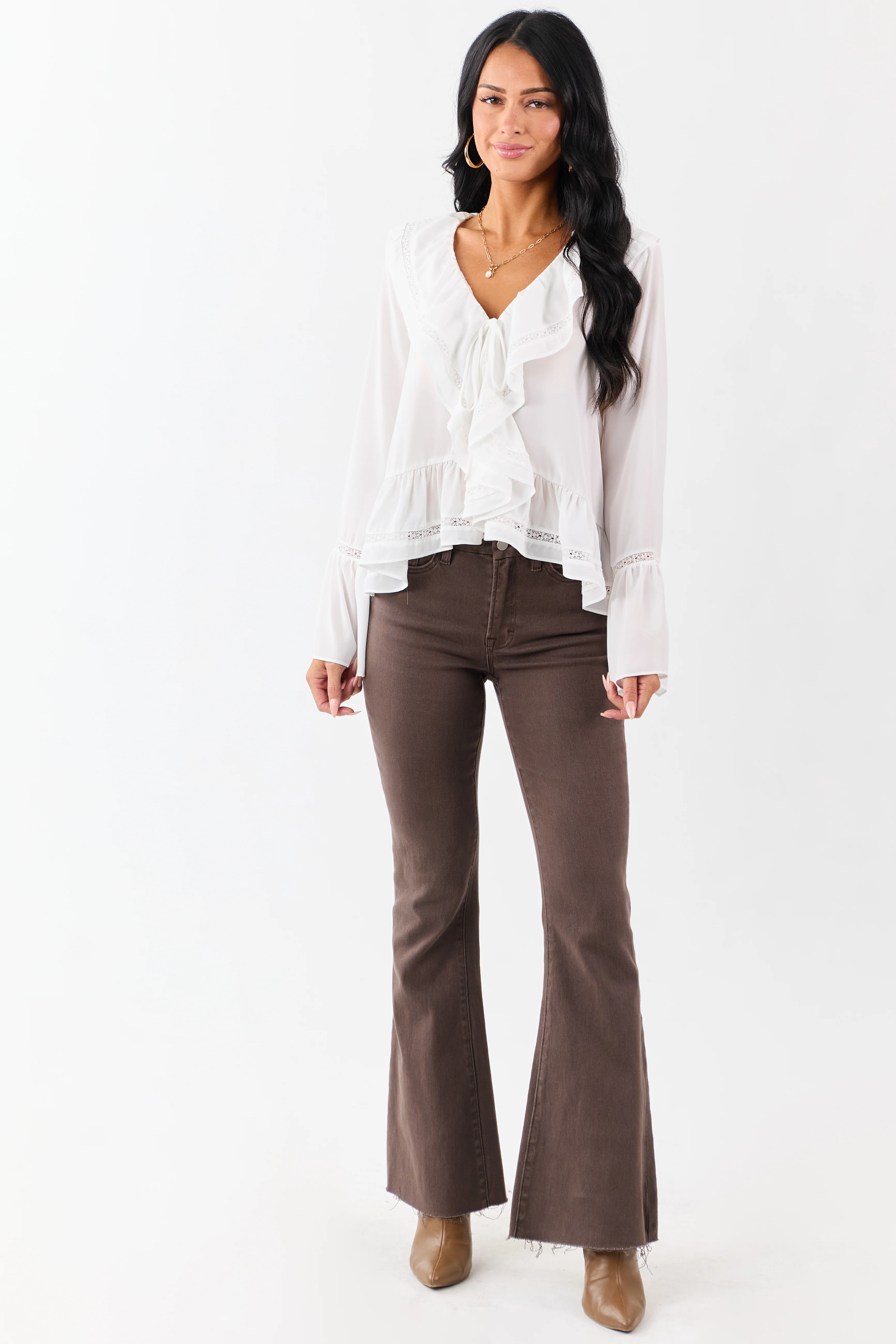 Ivory Trumpet Sleeve Ruffled Lace Trim Boho Blouse - Image 2