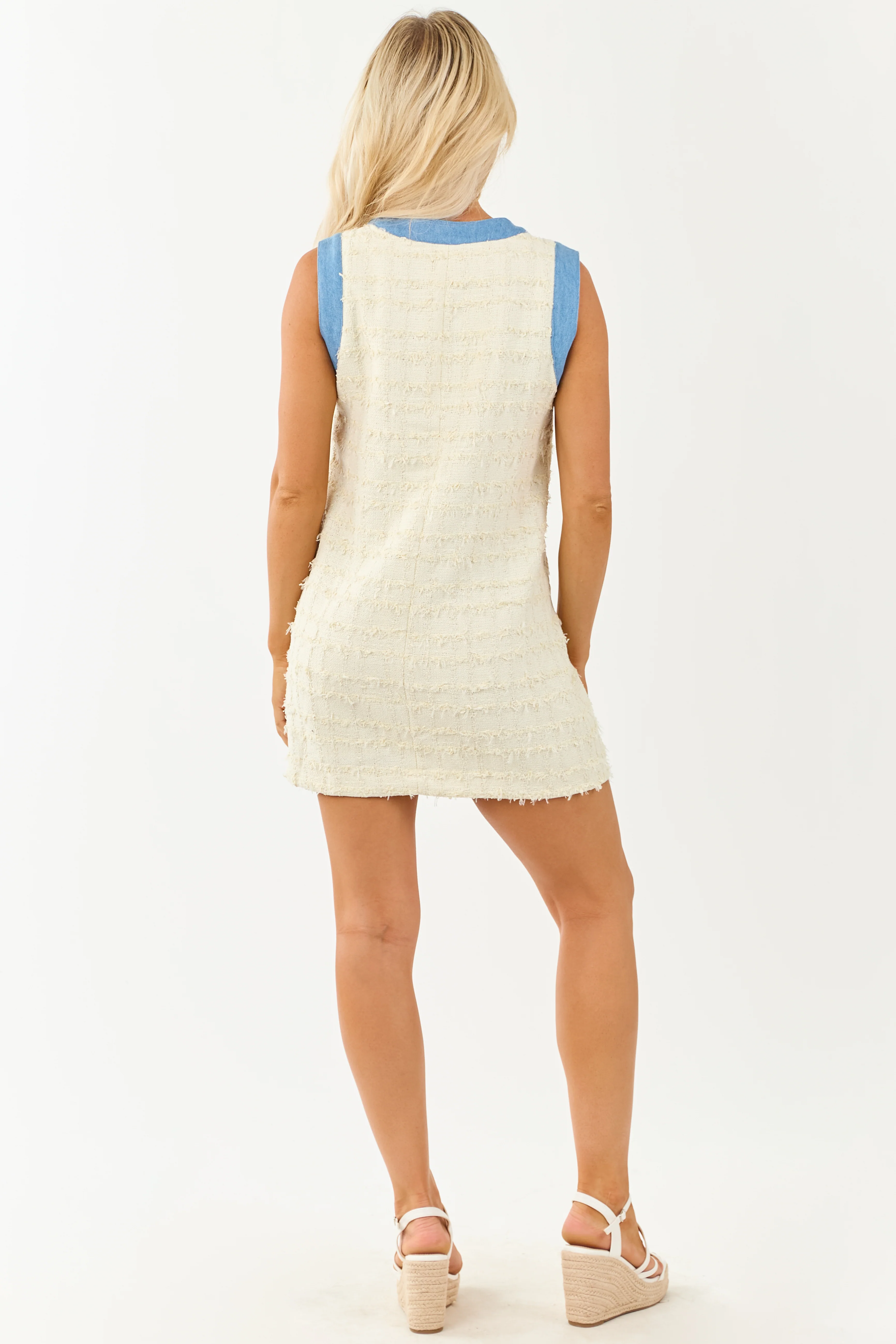 Ivory Tweed Button Down Sleeveless Mini Dress - Image 6
