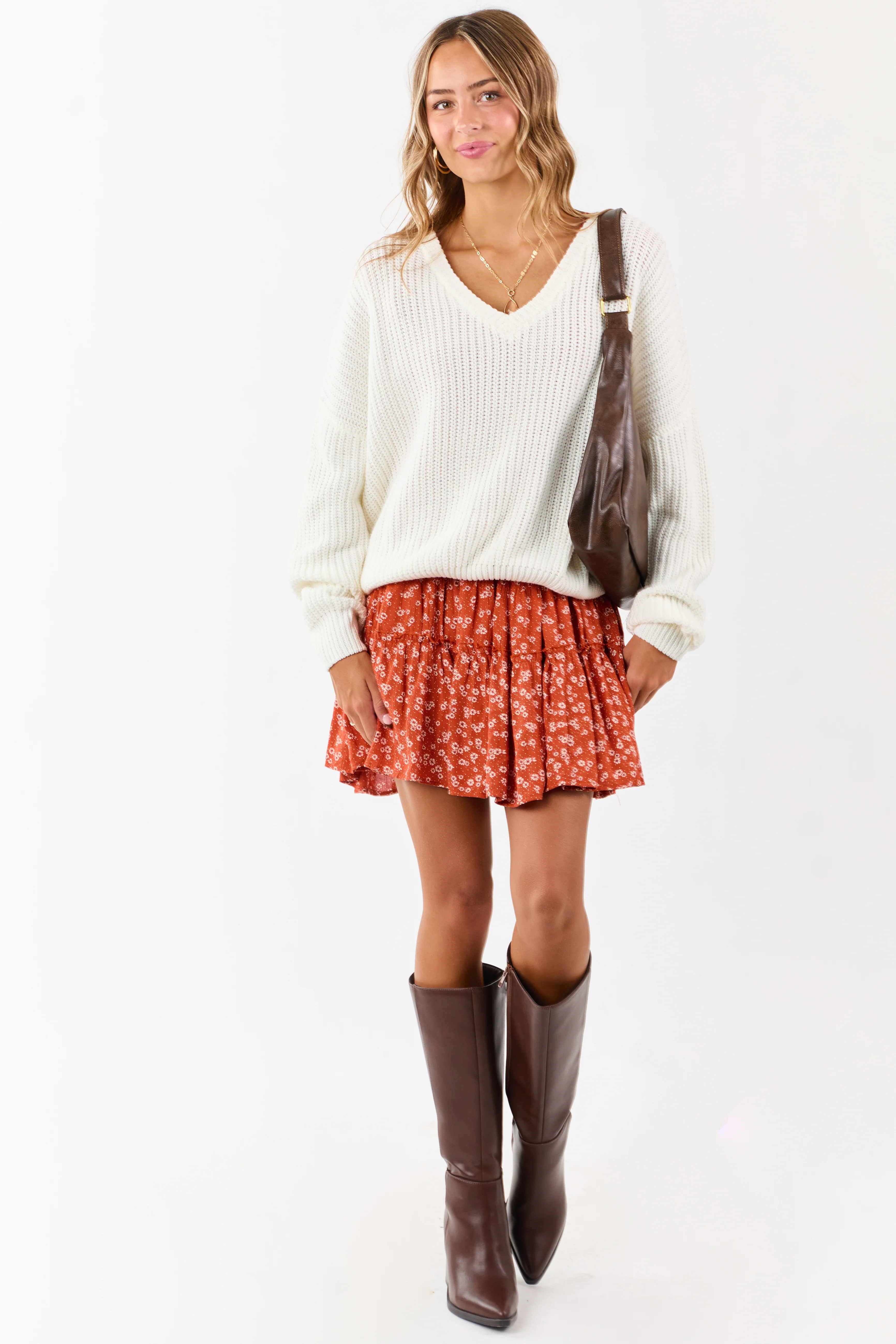 Ivory V-Neck Rib Knit Relaxed Sweater - Image 2