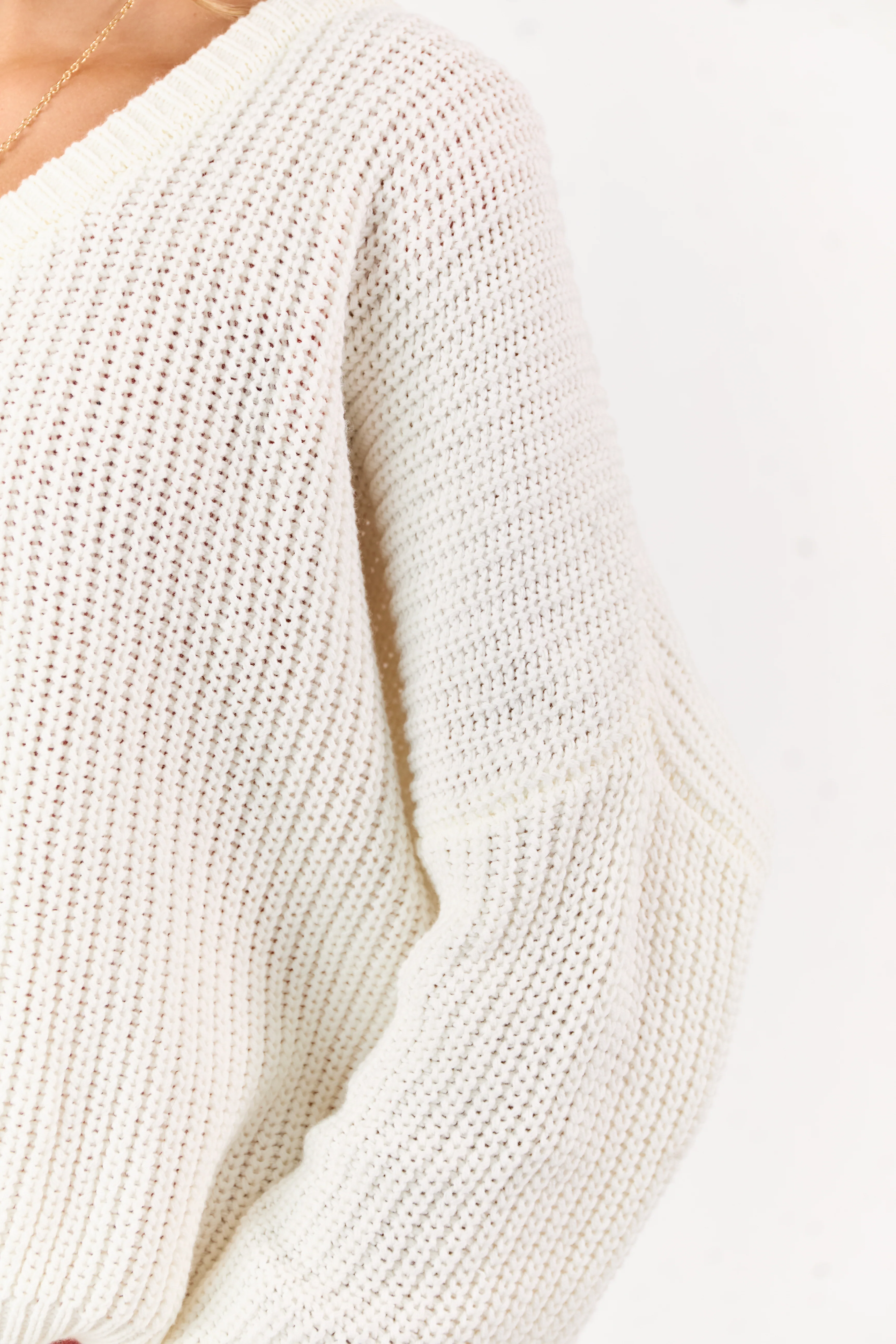 Ivory V-Neck Rib Knit Relaxed Sweater - Image 6