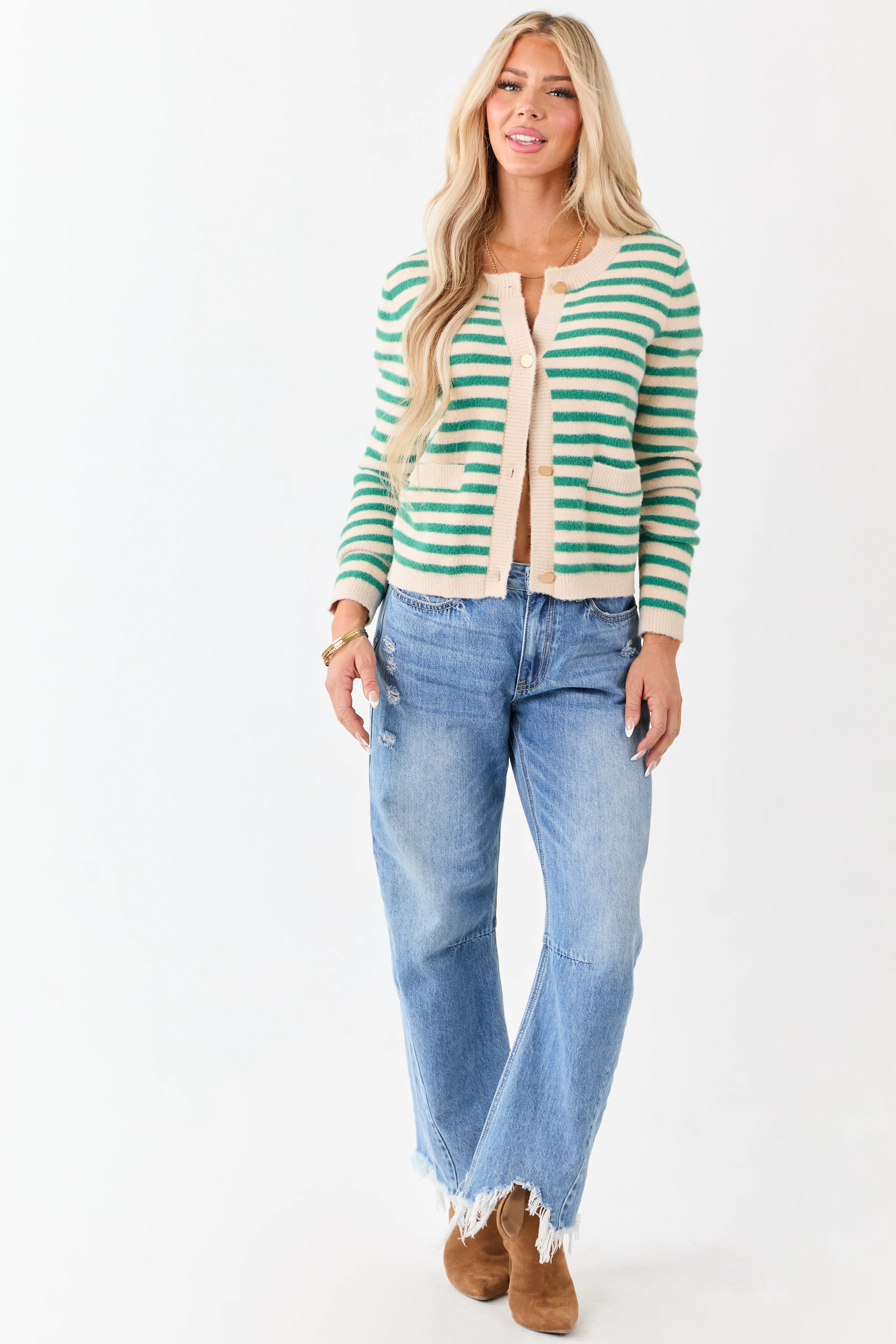 Jade and Champagne Striped Button Up Cardigan - Image 3