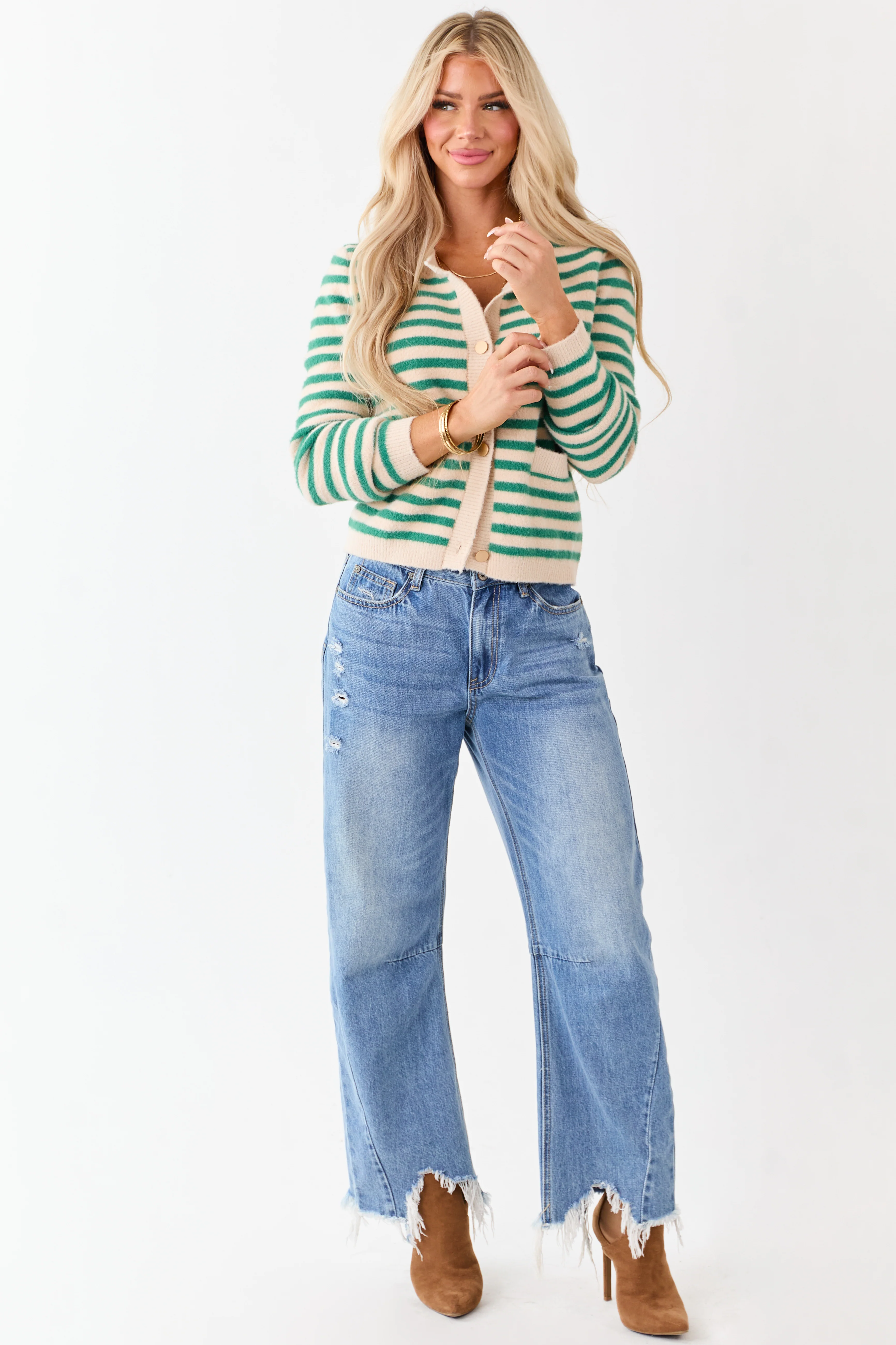Jade and Champagne Striped Button Up Cardigan - Image 4
