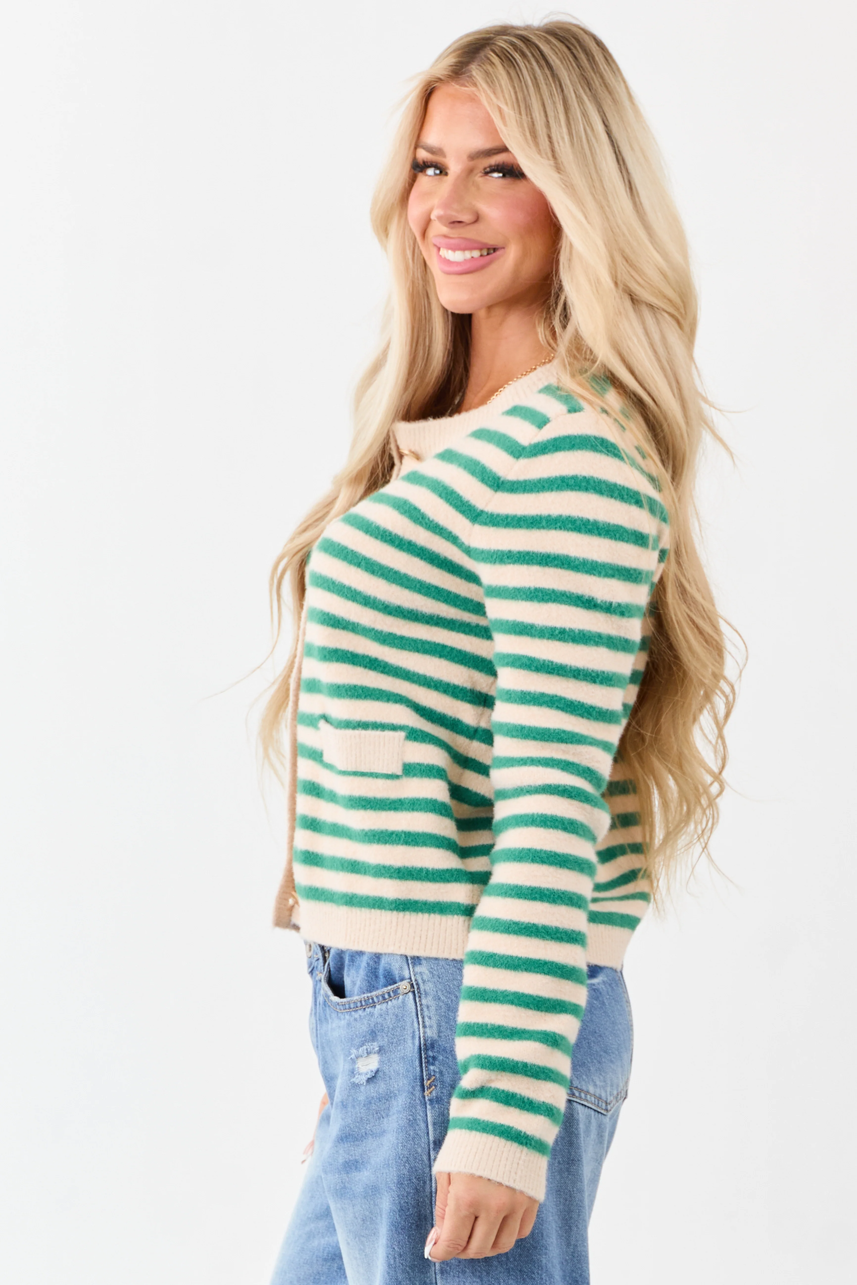 Jade and Champagne Striped Button Up Cardigan - Image 5