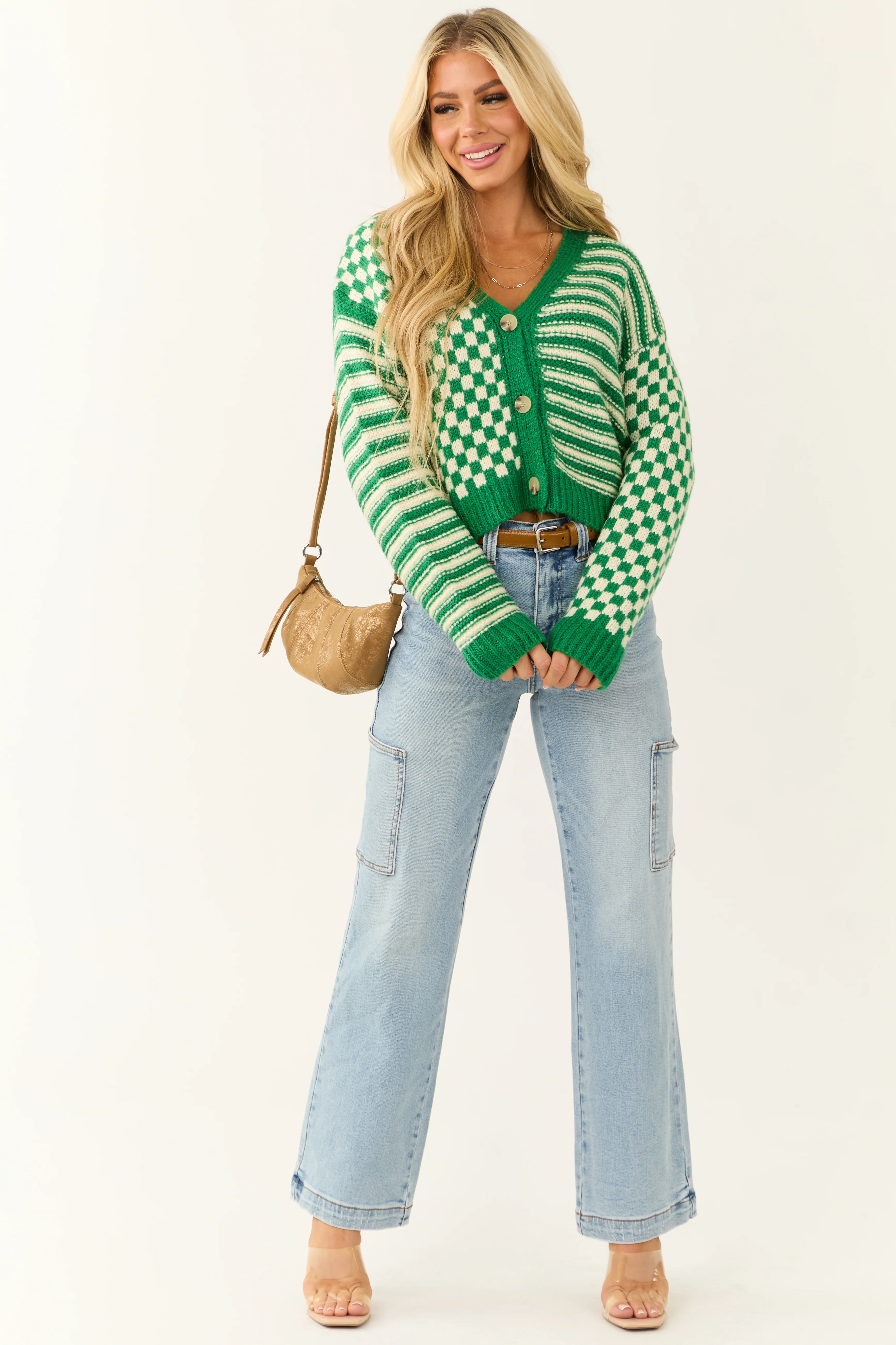Jade and Cream Checkered and Stripe Print Cardigan - Image 4