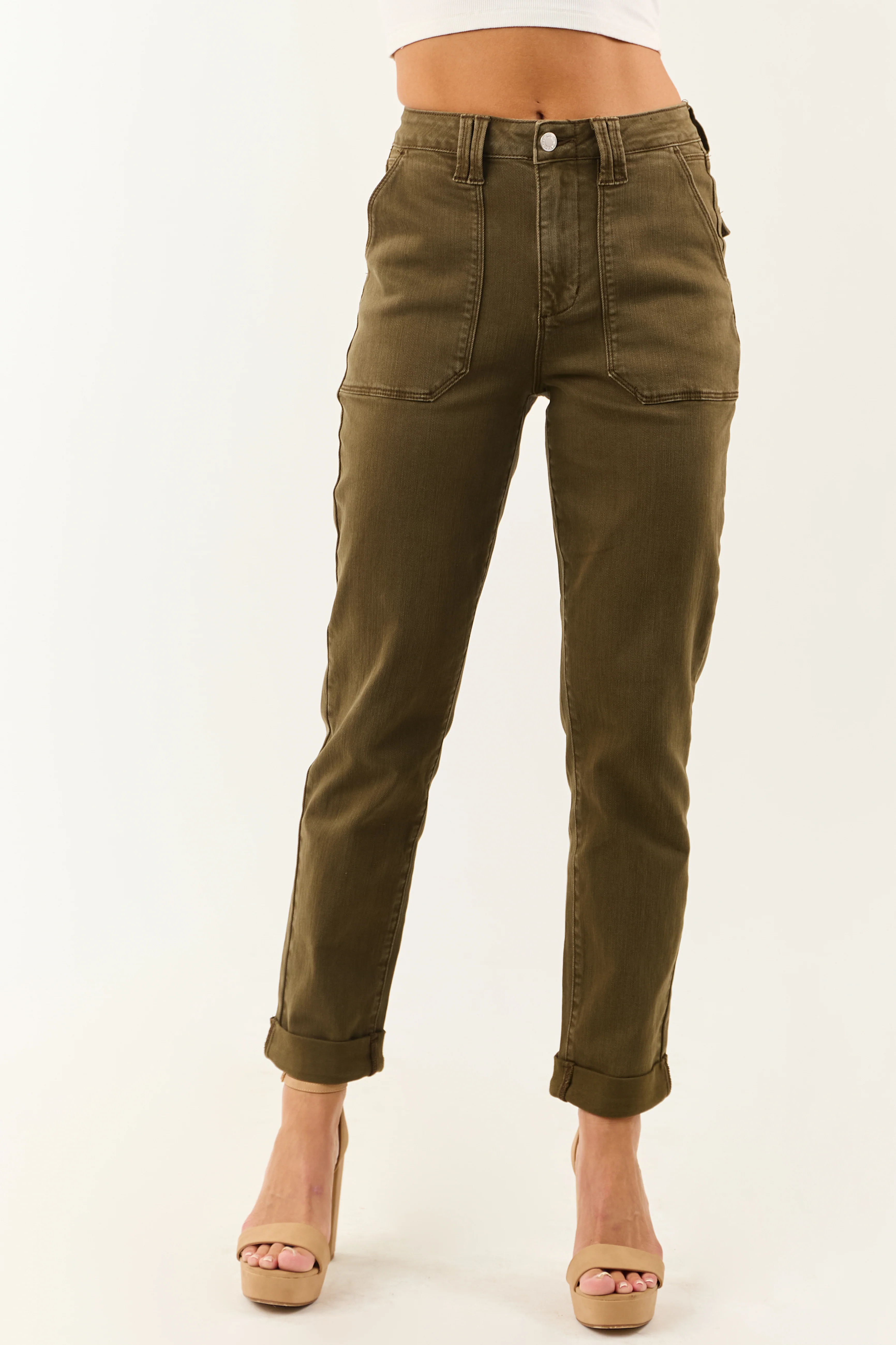 Judy Blue Army Green Cuffed Stretchy Straight Jeans - Image 2