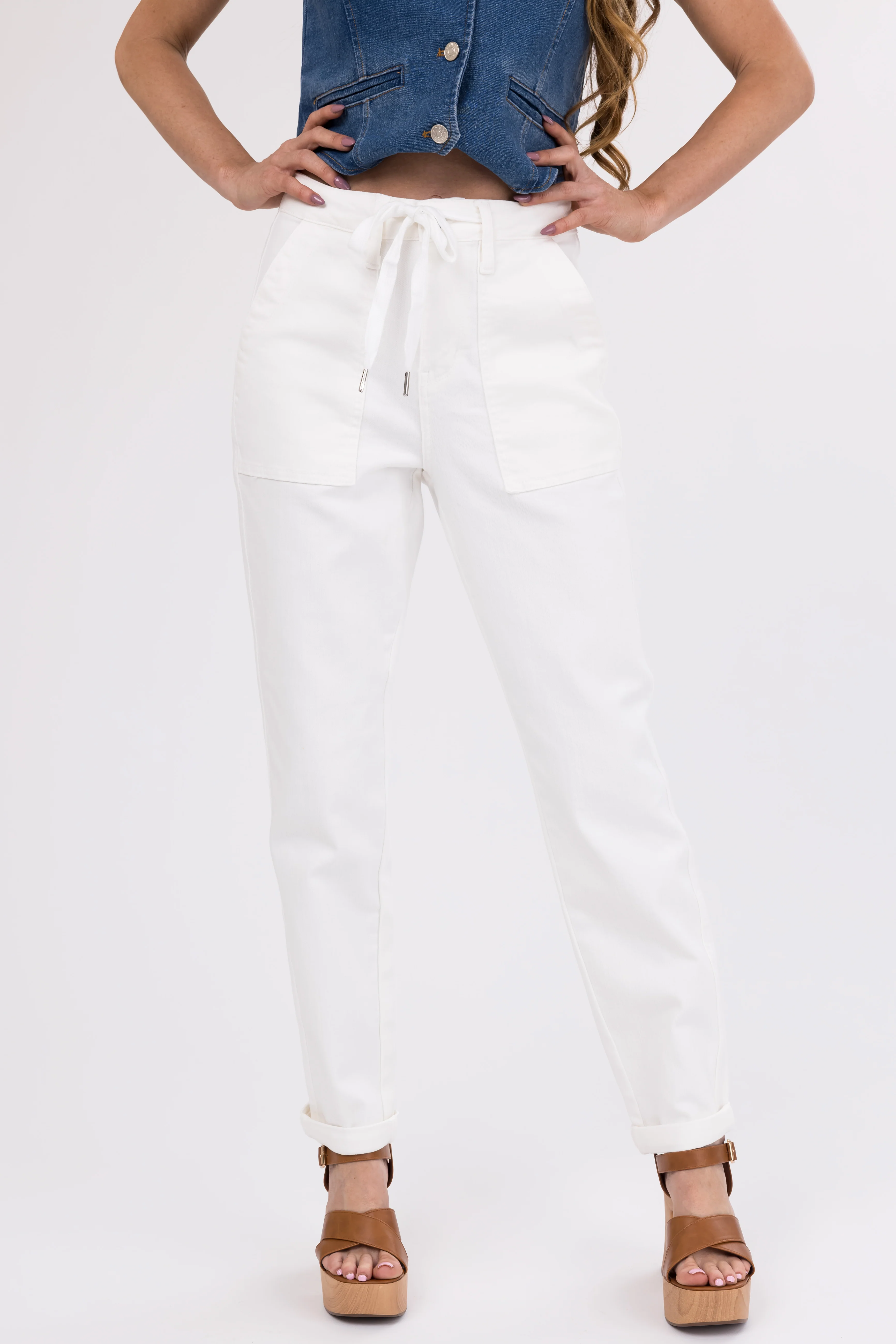 Judy Blue Ivory Drawstring High Waist Jeans