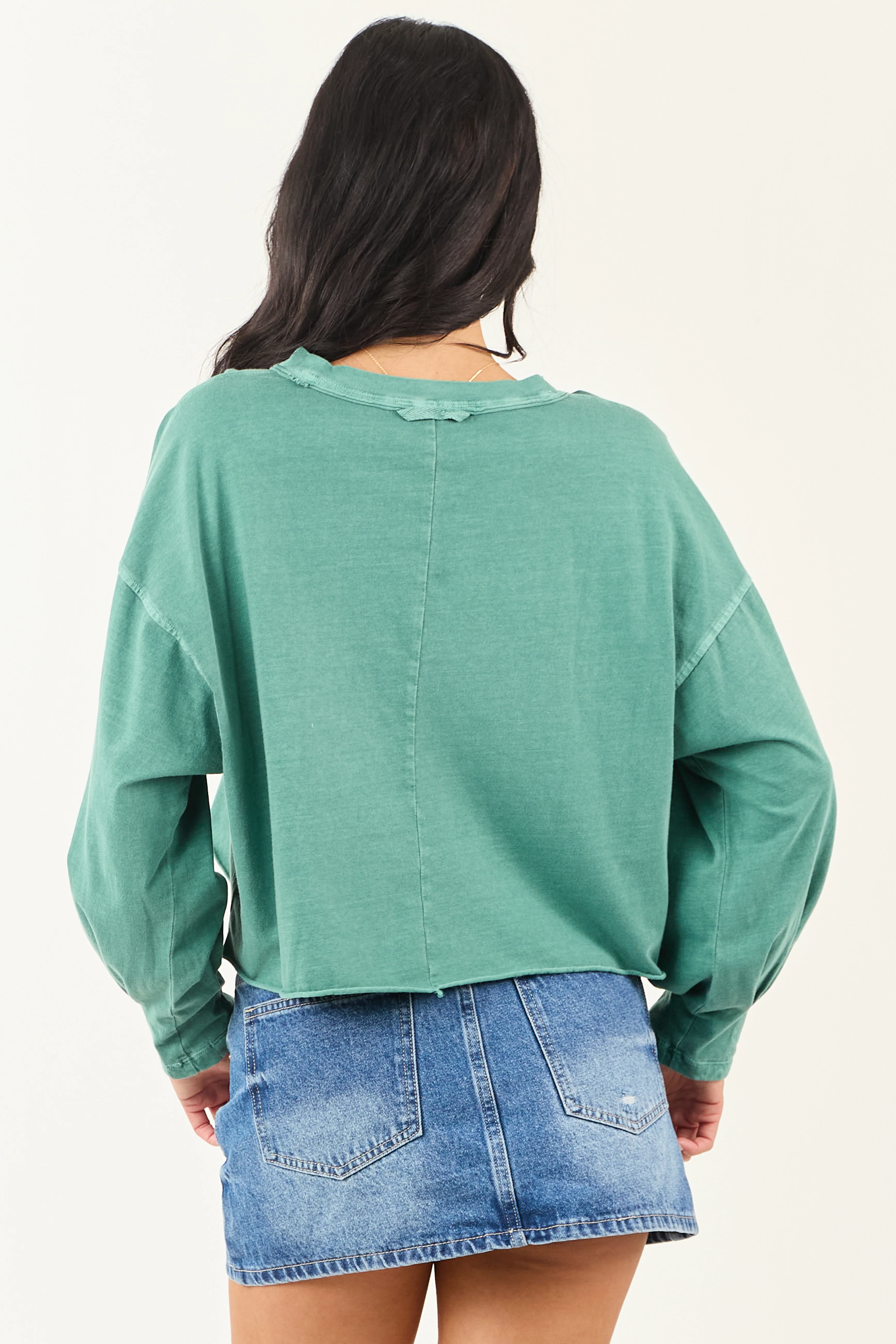 Jungle Green Washed Long Sleeve Cotton Top - Image 6