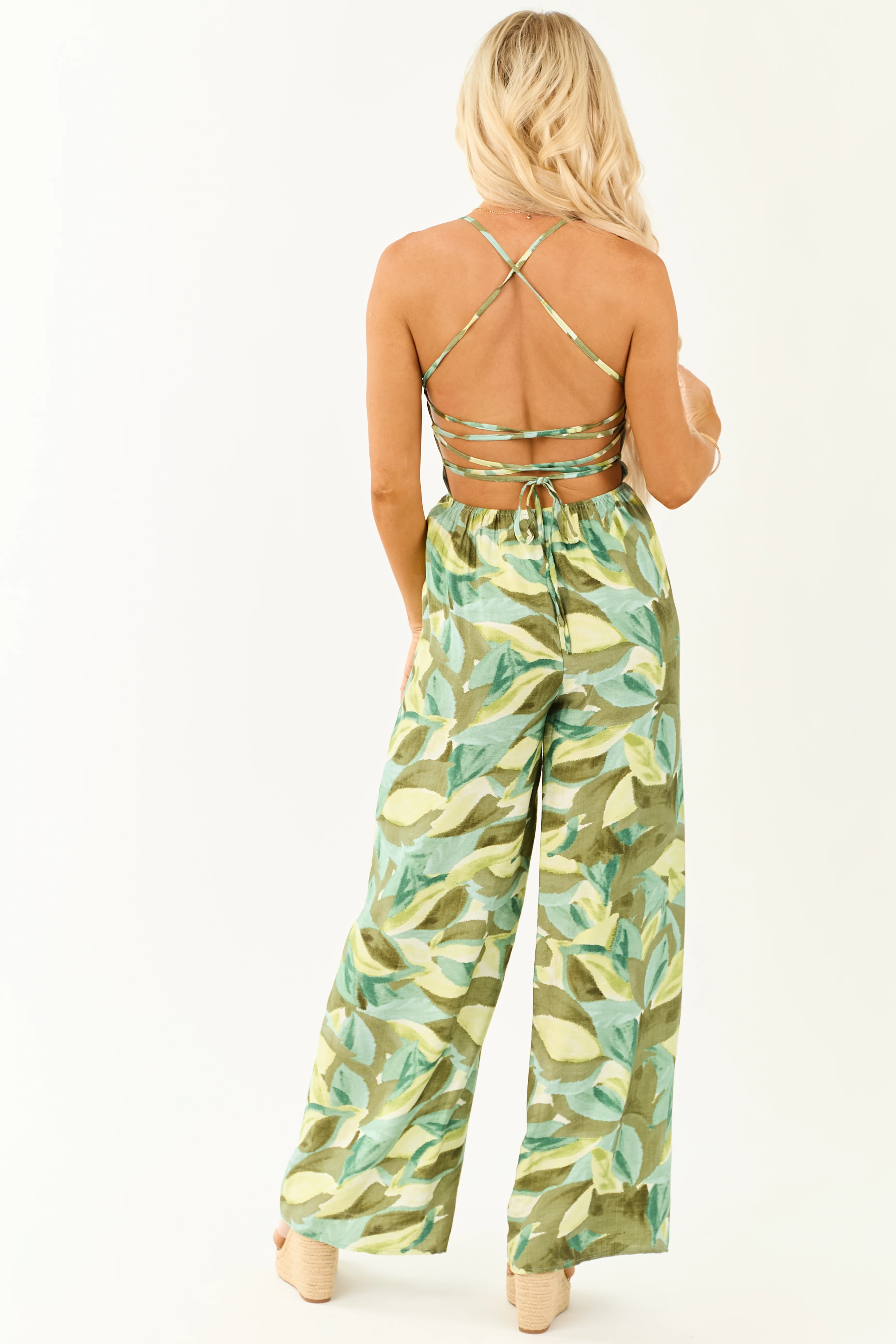 Juniper Tropical Print Wide Leg Lace Up Back Jumpsuit - Image 5