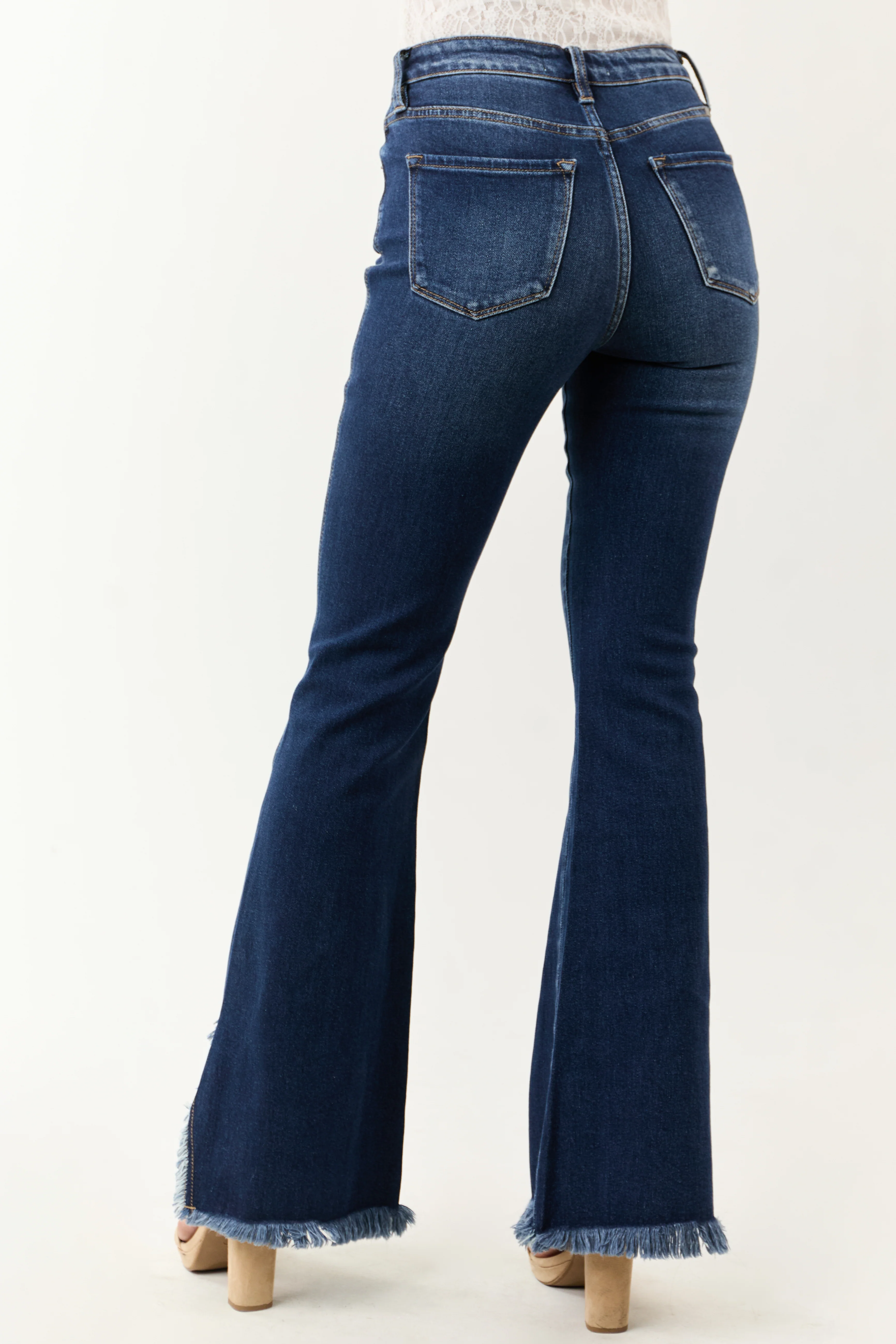 KanCan Dark Wash Frayed Hem Stretchy Bootcut Jeans - Image 4