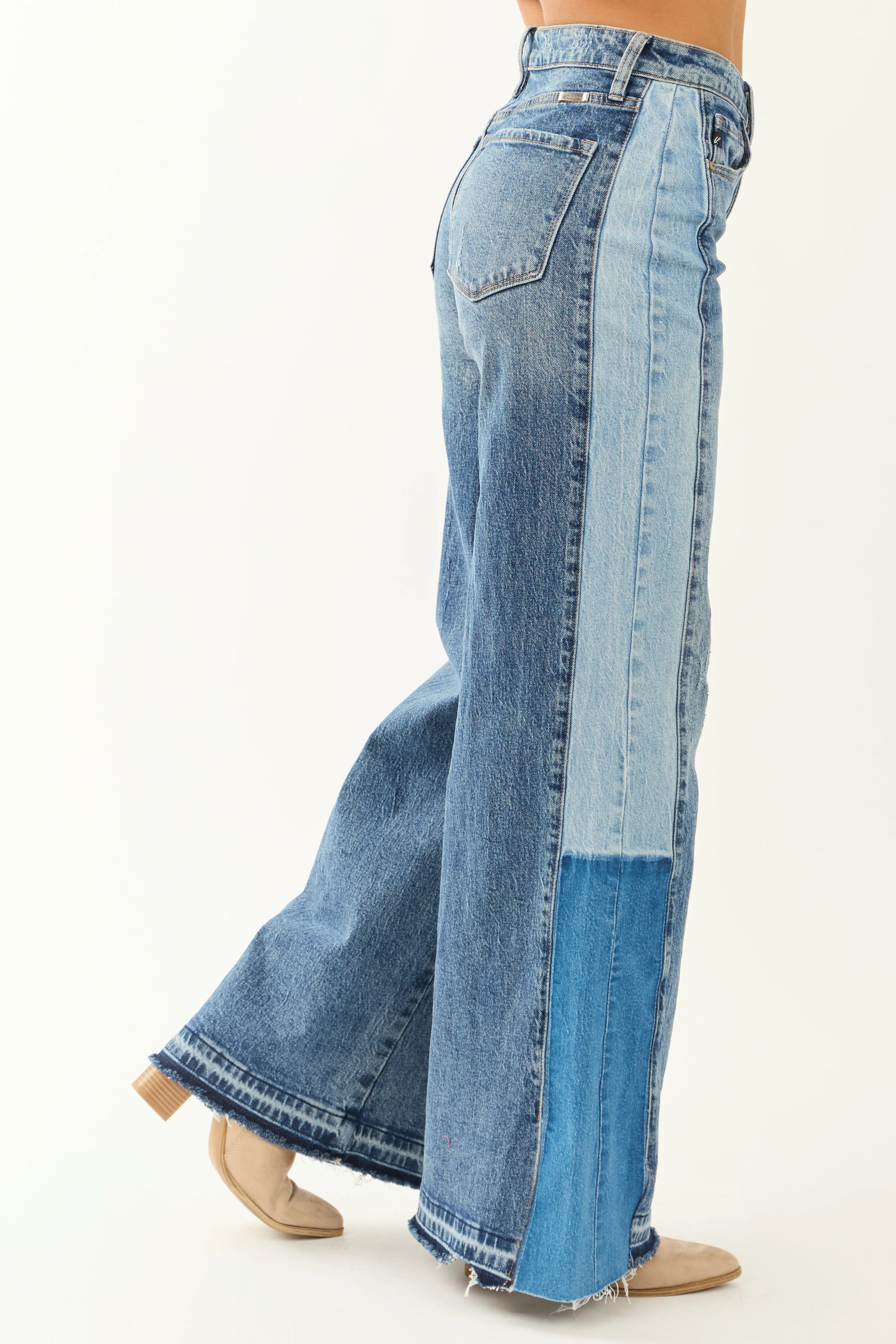 KanCan Medium Wash Contrast Side Panel Wide Leg Jeans - Image 4