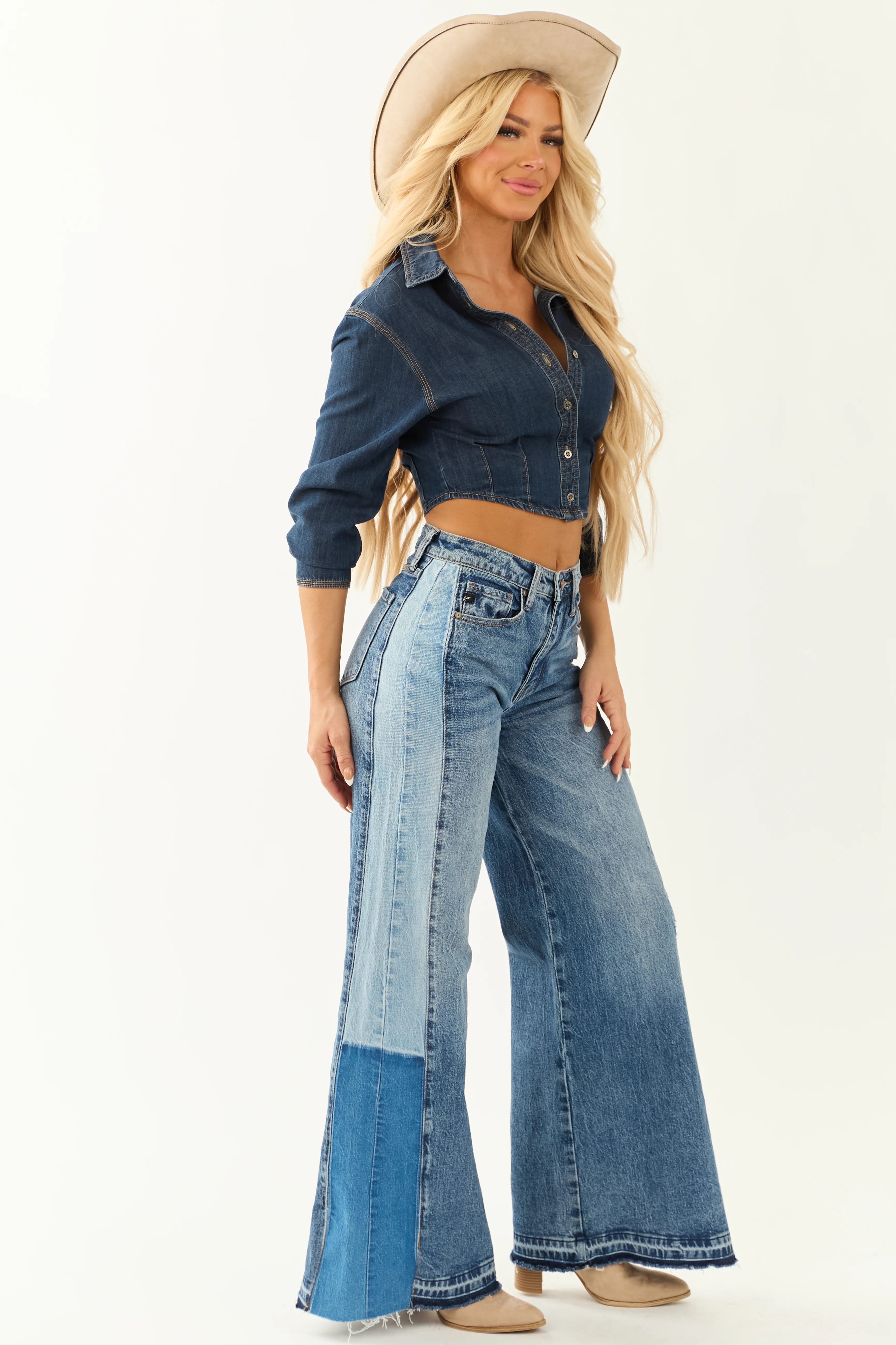 KanCan Medium Wash Contrast Side Panel Wide Leg Jeans - Image 6