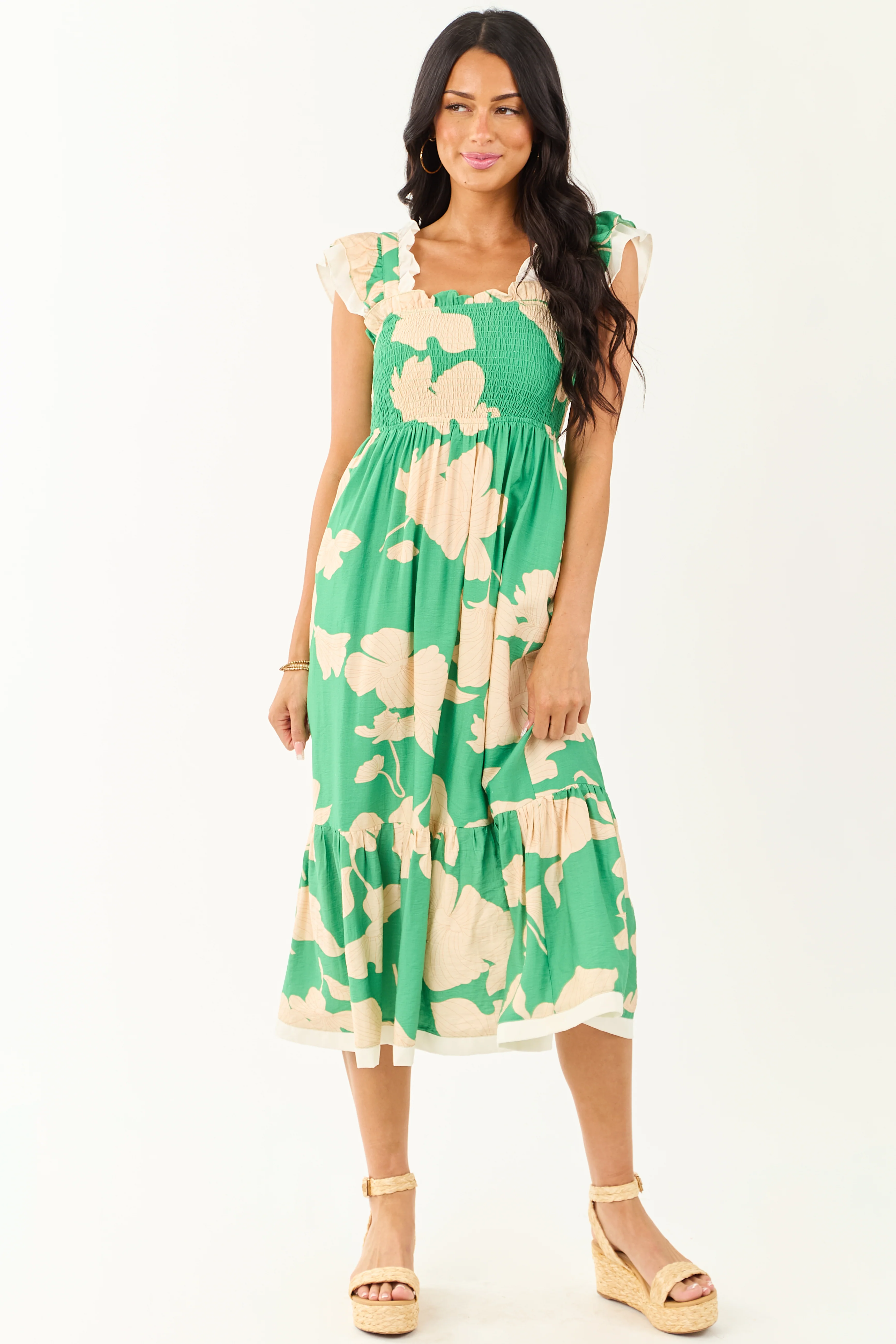 Kelly Green and Cream Floral Print Smocked Midi Dress - Image 2