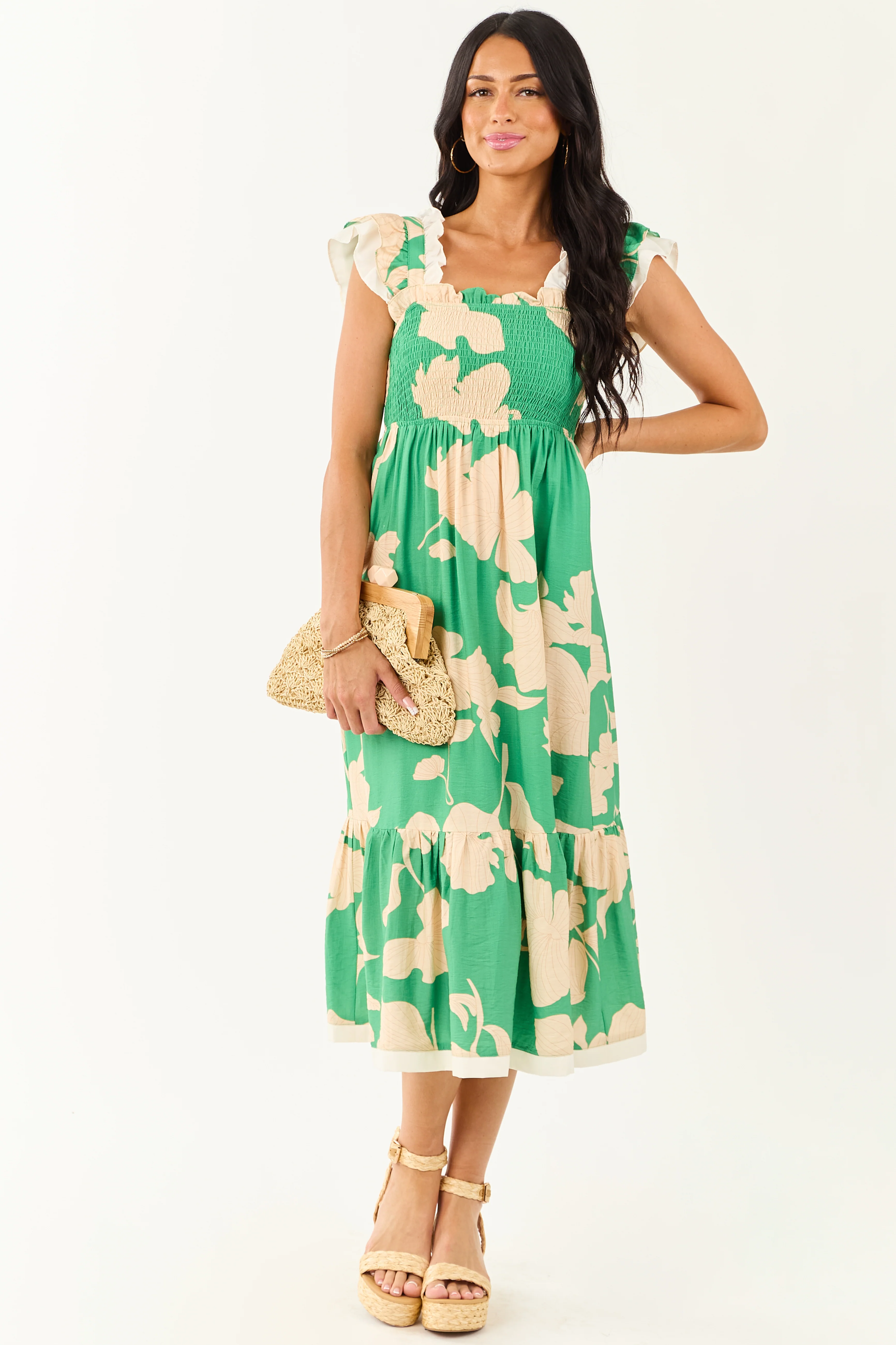 Kelly Green and Cream Floral Print Smocked Midi Dress - Image 3
