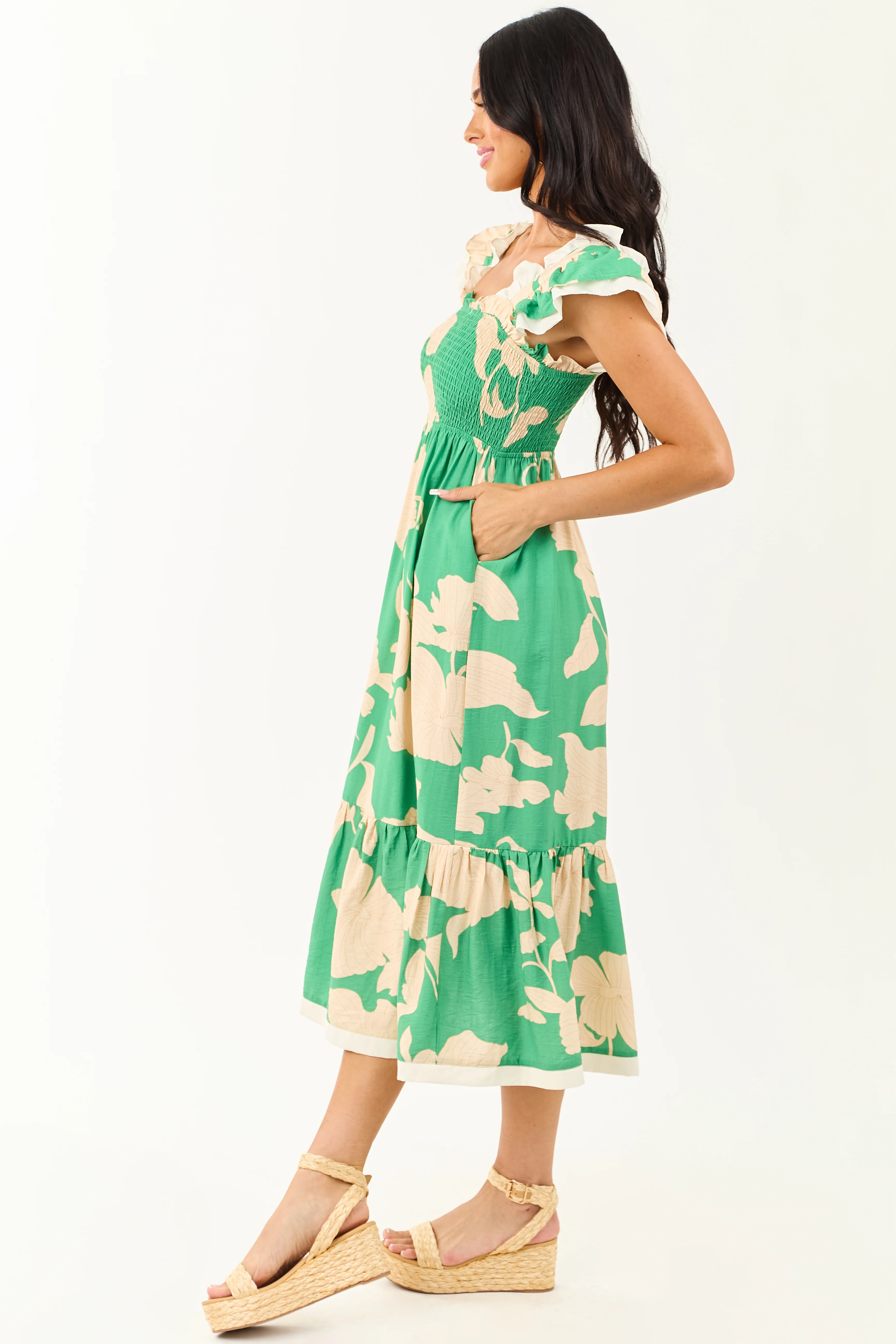 Kelly Green and Cream Floral Print Smocked Midi Dress - Image 4
