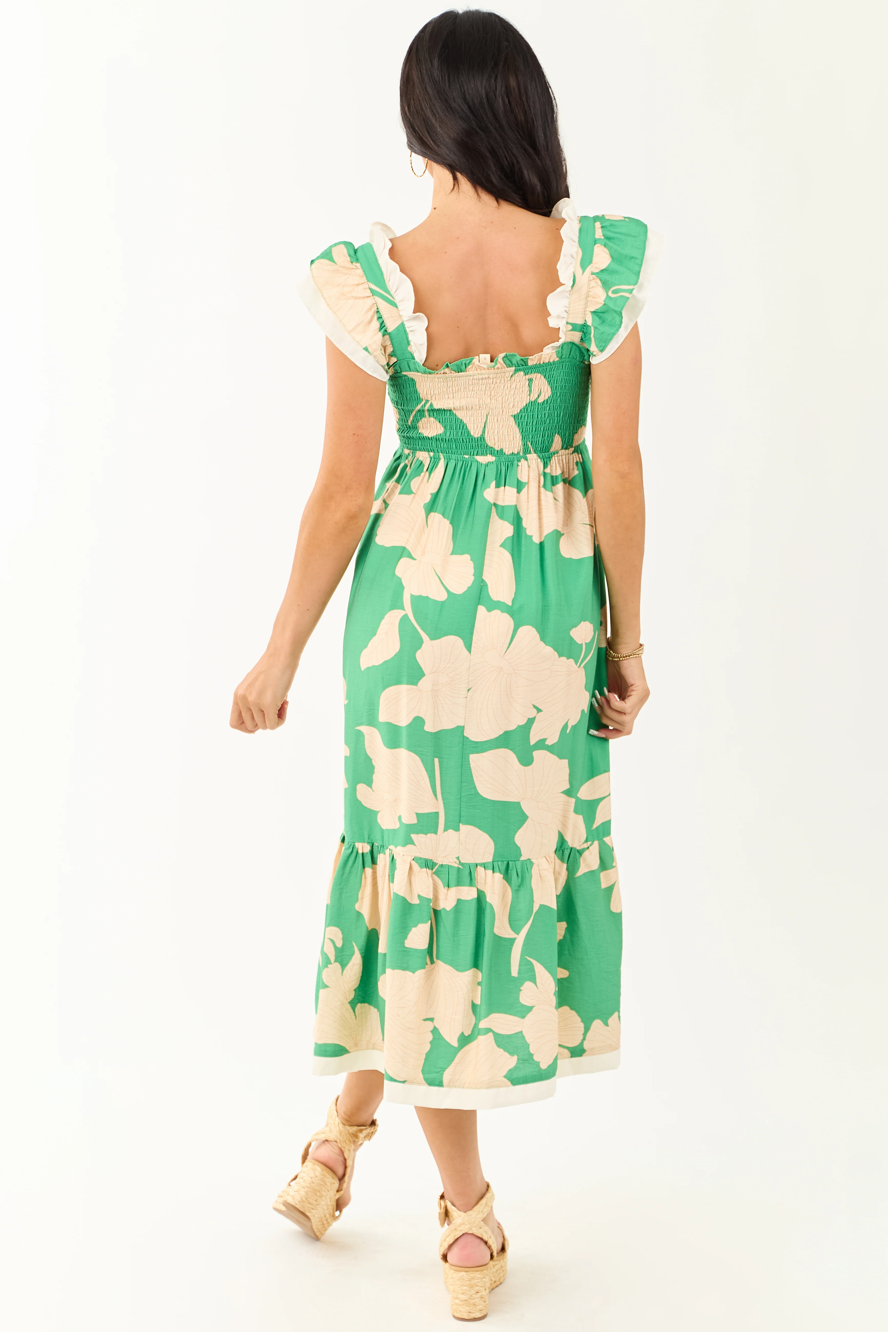 Kelly Green and Cream Floral Print Smocked Midi Dress - Image 5