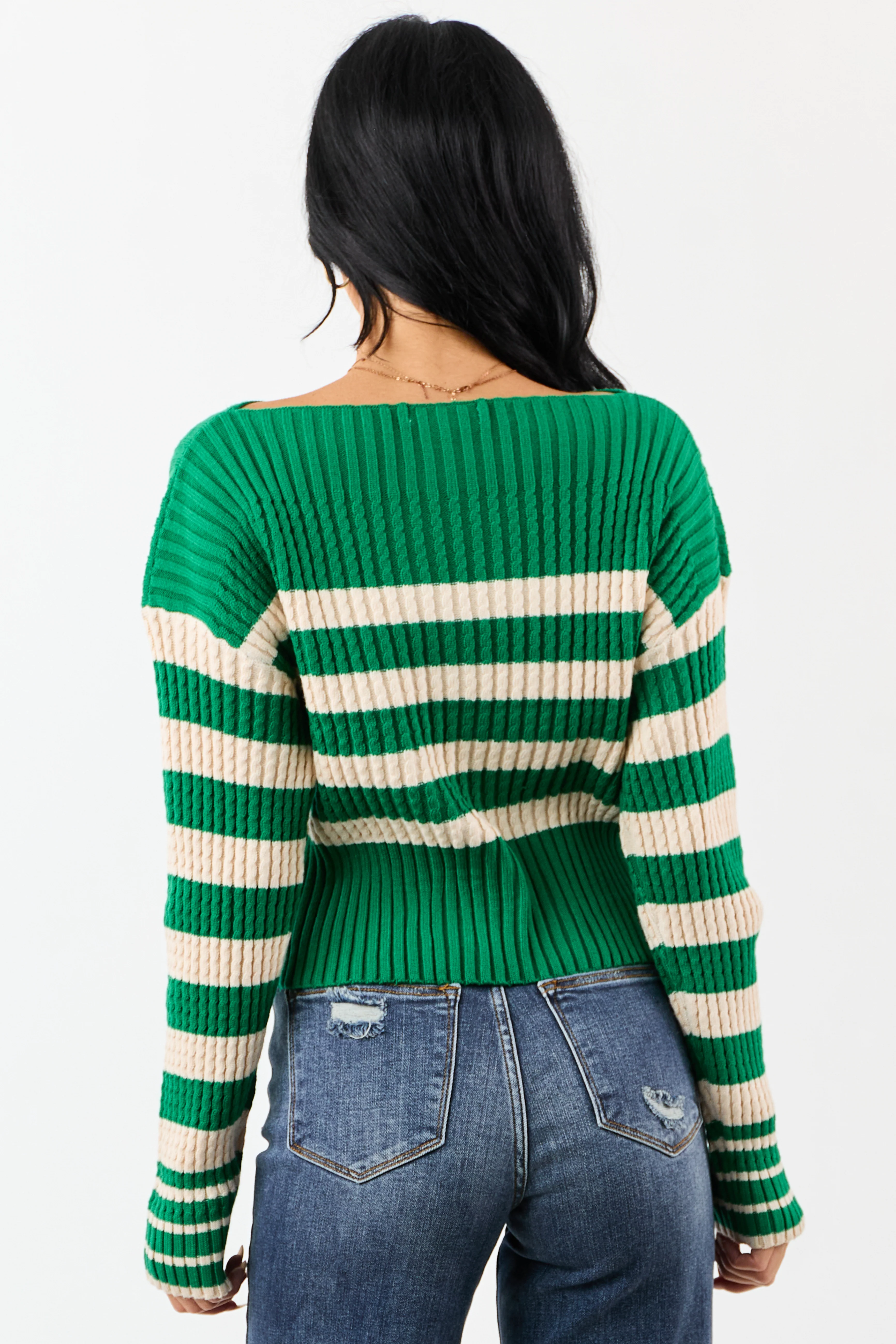 Kelly Green and Cream Stripe Boat Neck Sweater - Image 7