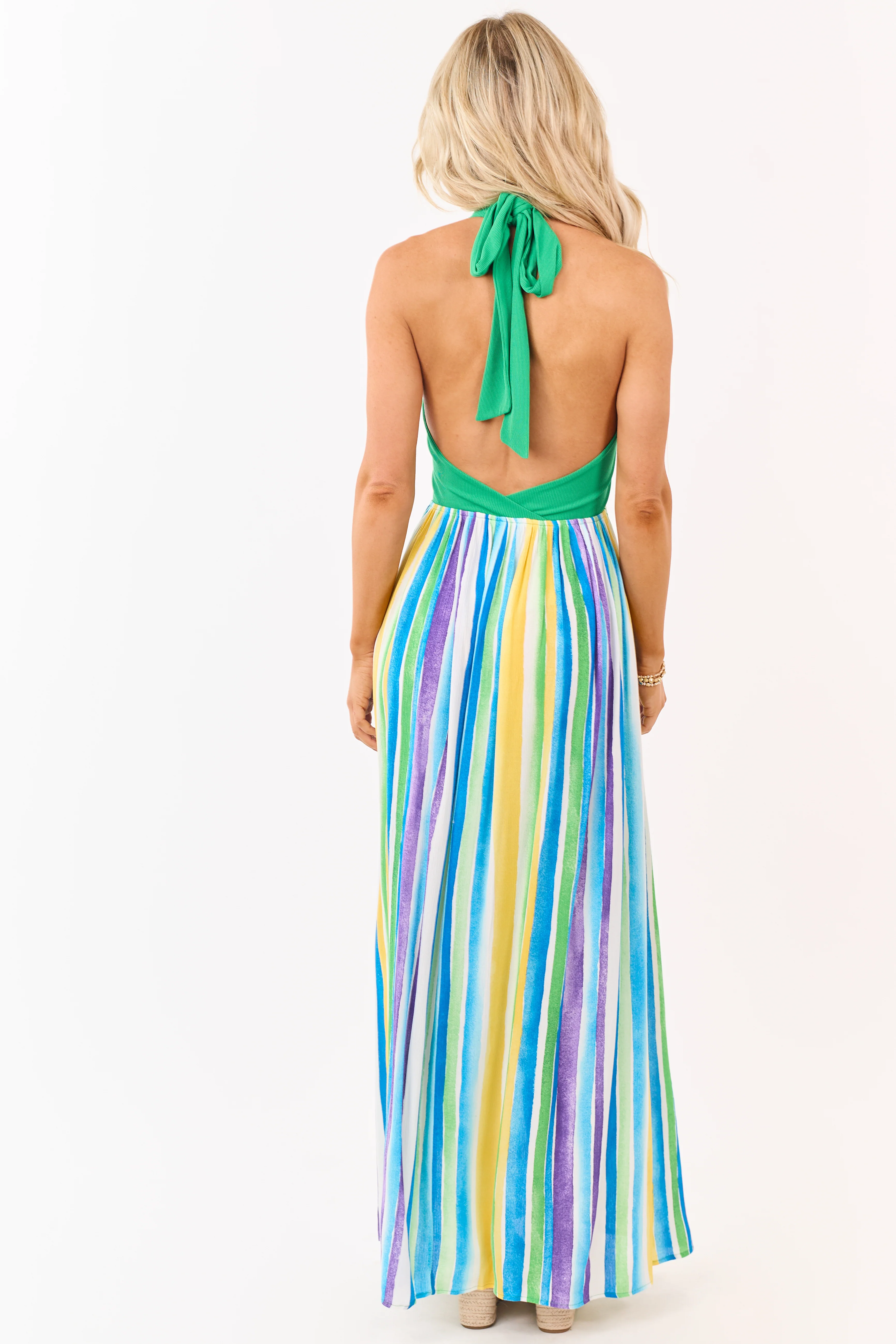 Kelly Green Halter Neck Contrast Striped Maxi Dress - Image 6