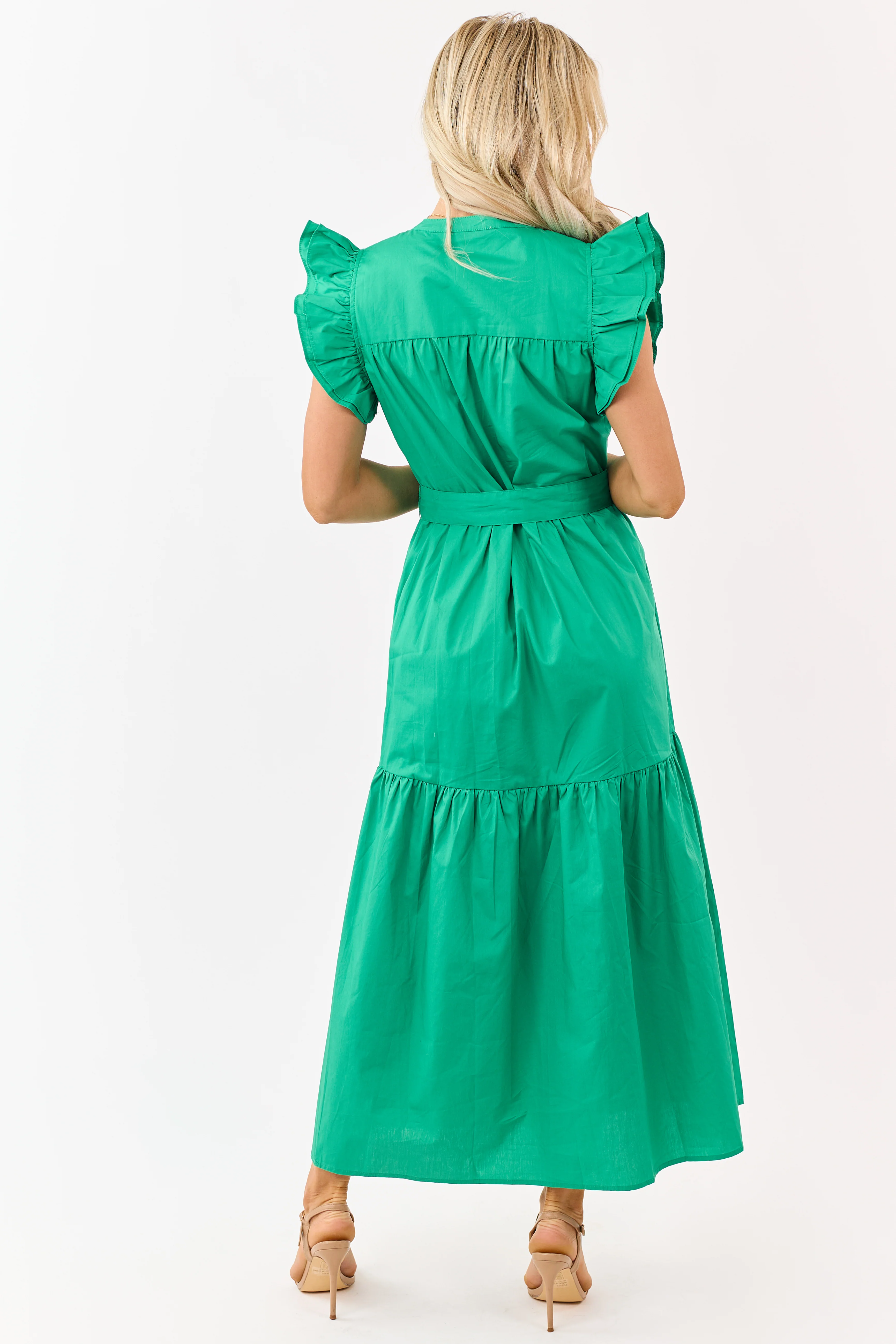Kelly Green Ruffle Sleeve Smocked Cotton Midi Dress - Image 5