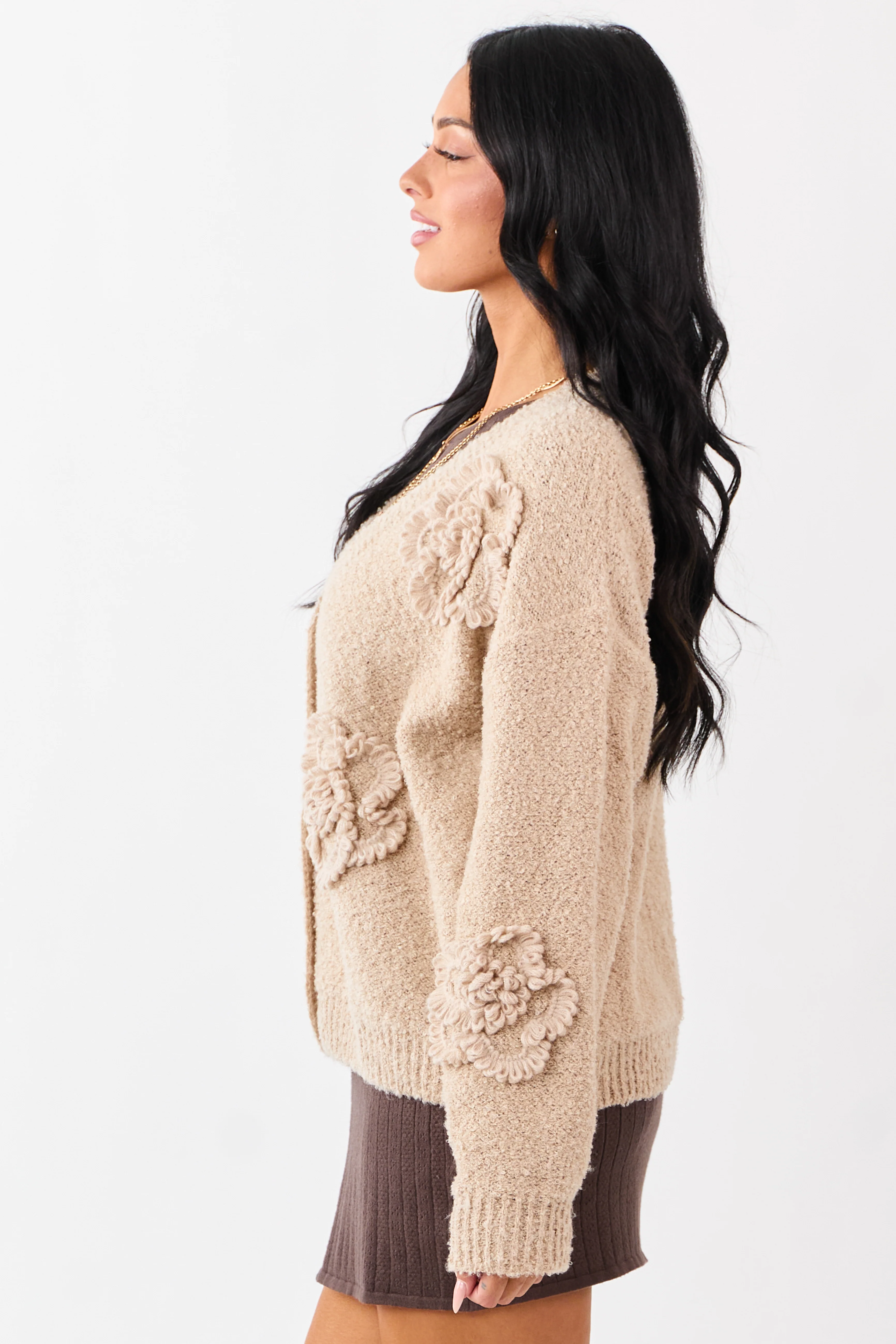 Khaki 3D Floral Applique Button Down Cardigan - Image 4