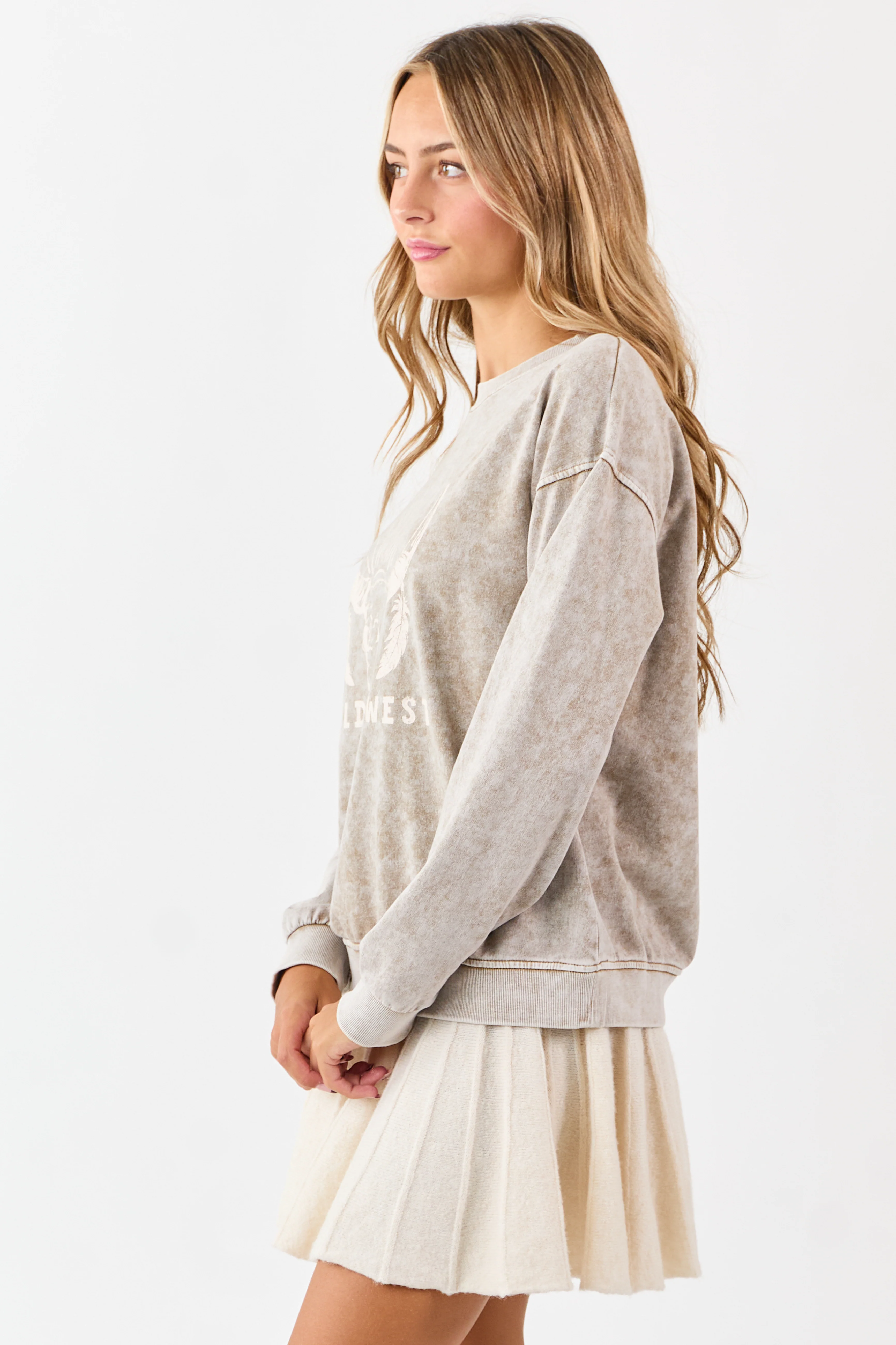 Khaki Acid Washed Western Graphic Knit Top - Image 6