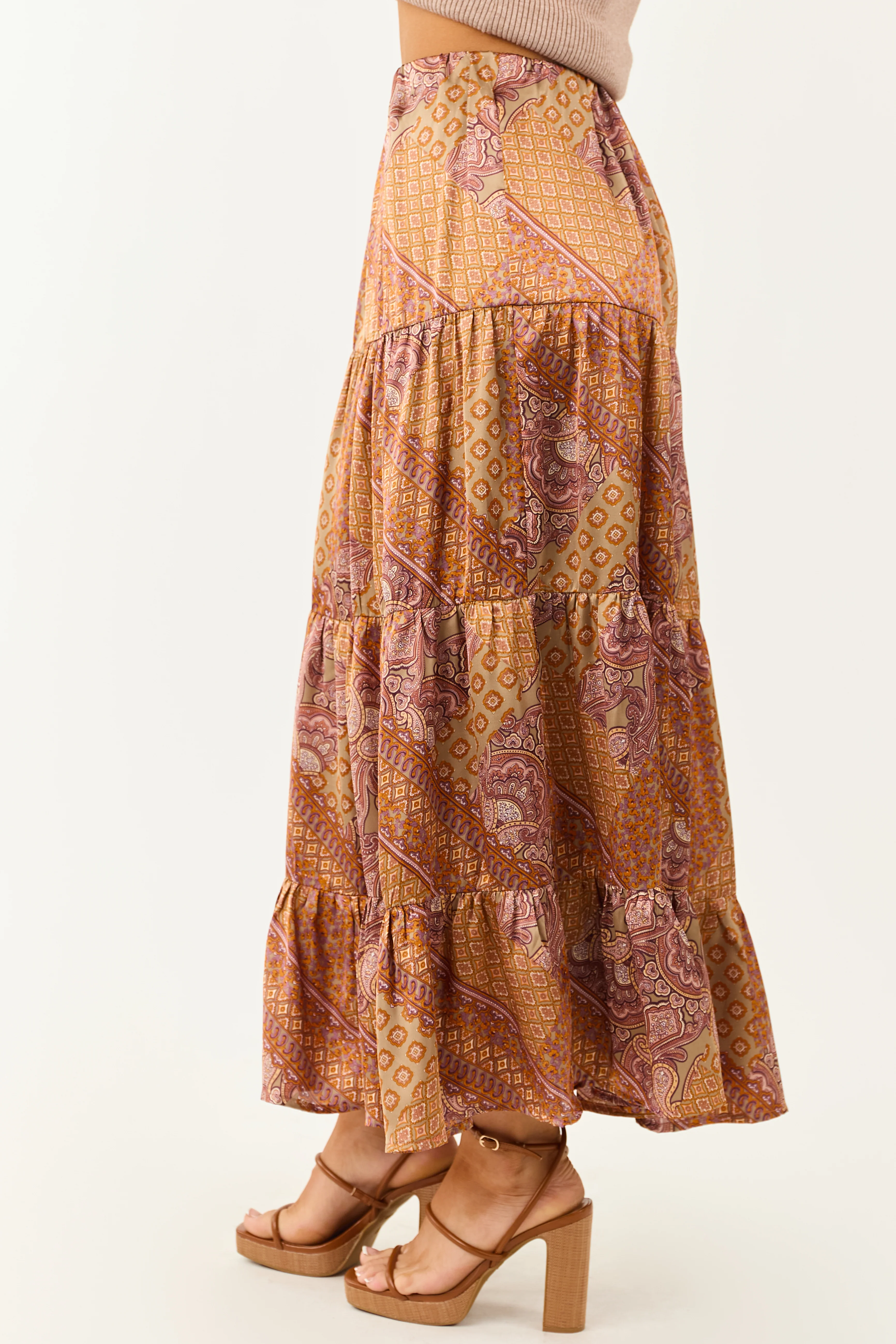 Khaki Scarf Print Satin Tiered Maxi Skirt - Image 5