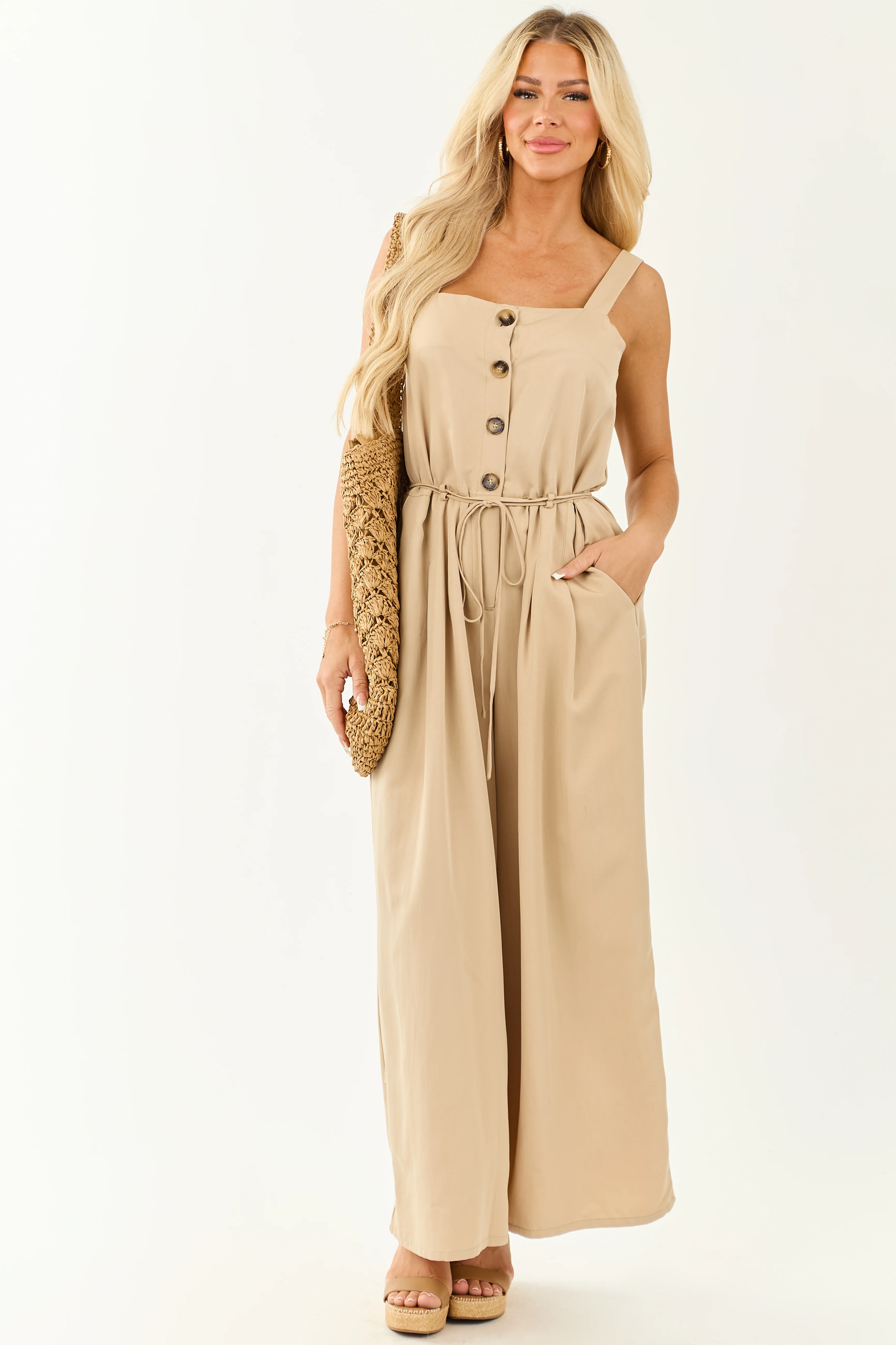 Latte Button Up Wide Leg Sleeveless Jumpsuit - Image 3