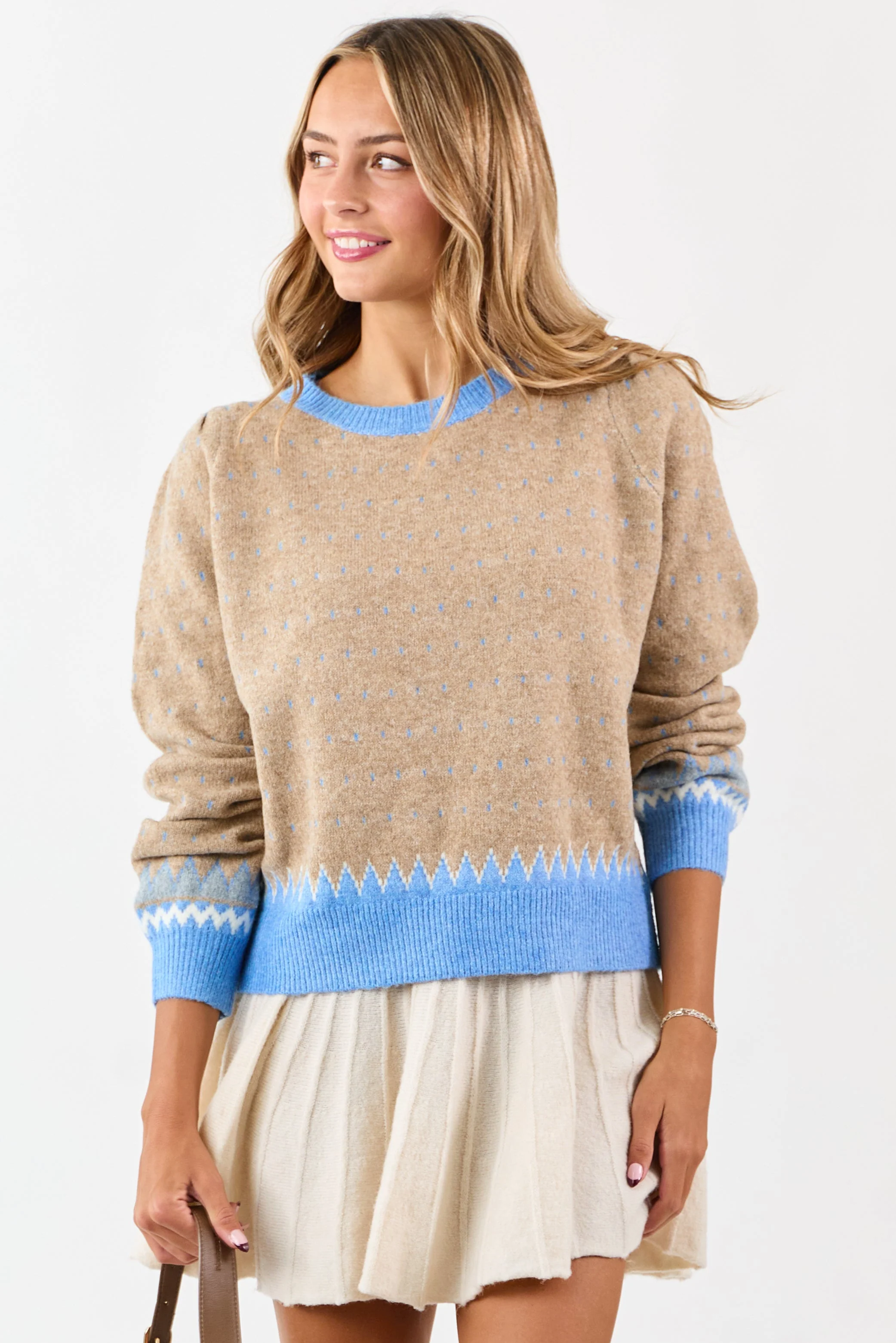 Latte Colorblock Abstract Print Puff Sleeve Sweater