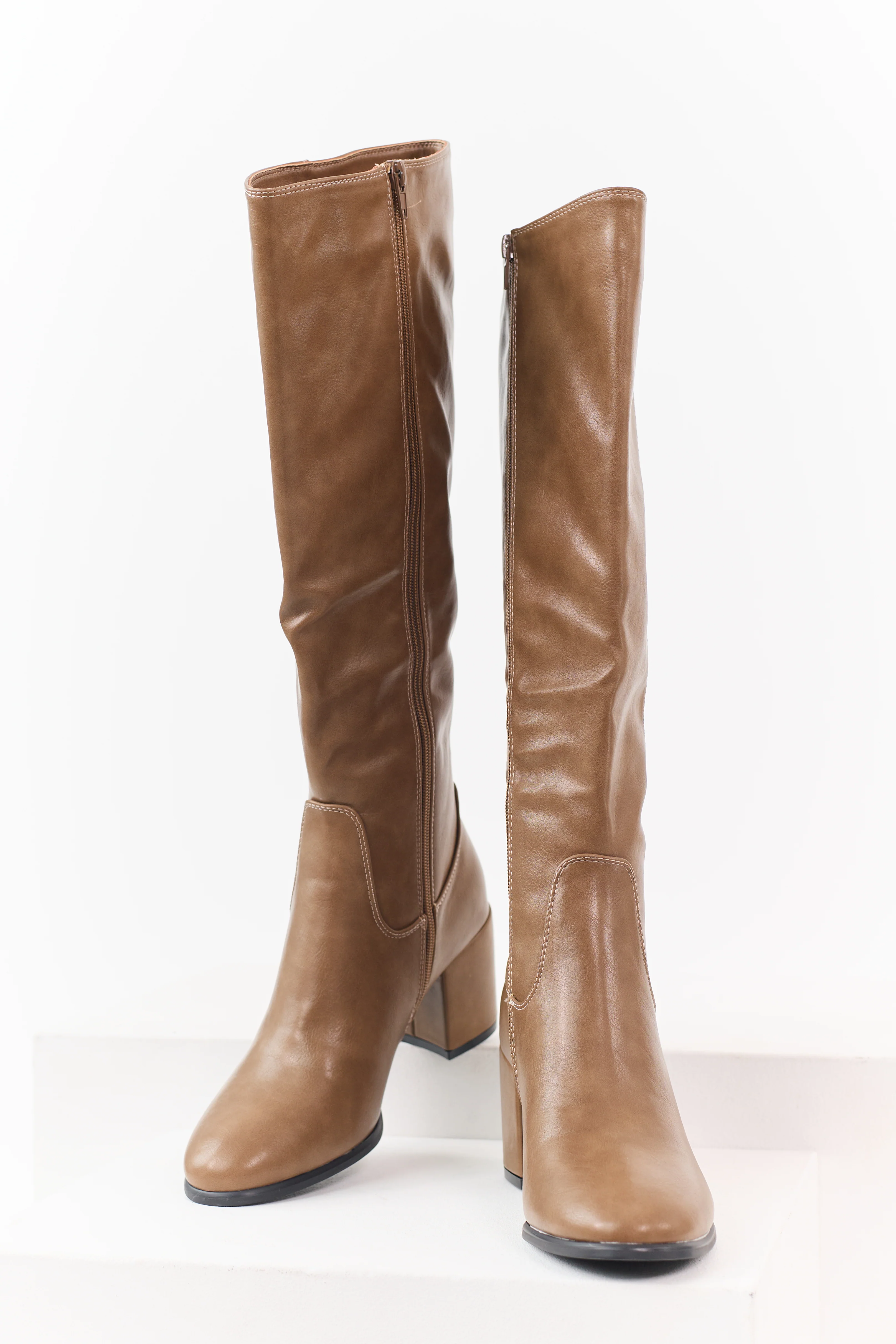 Latte Faux Leather Tall Block Heel Boots - Image 2