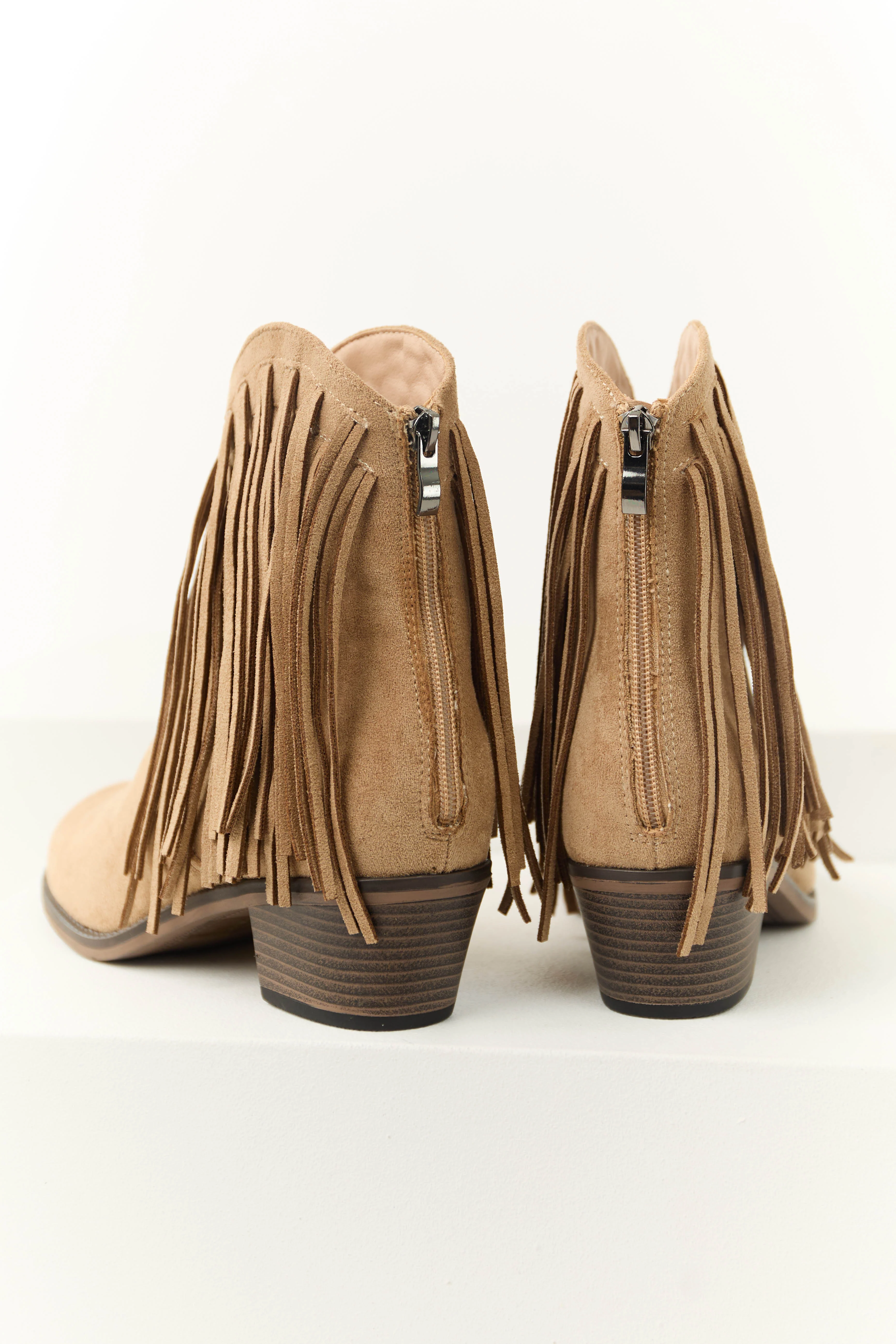 Latte Faux Suede Fringe Heeled Booties - Image 3