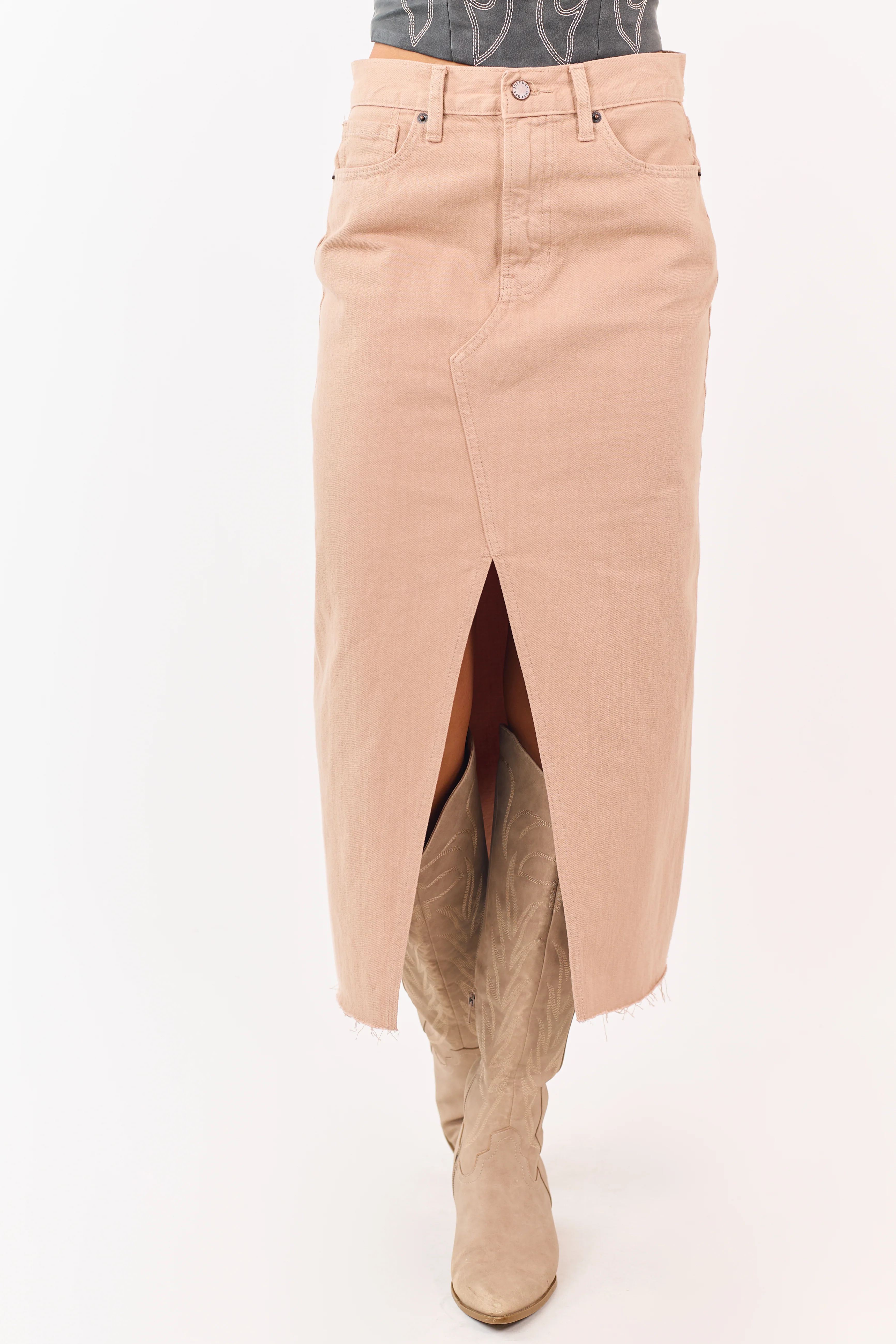 Latte Front Slit Raw Hem Denim Midi Skirt - Image 2