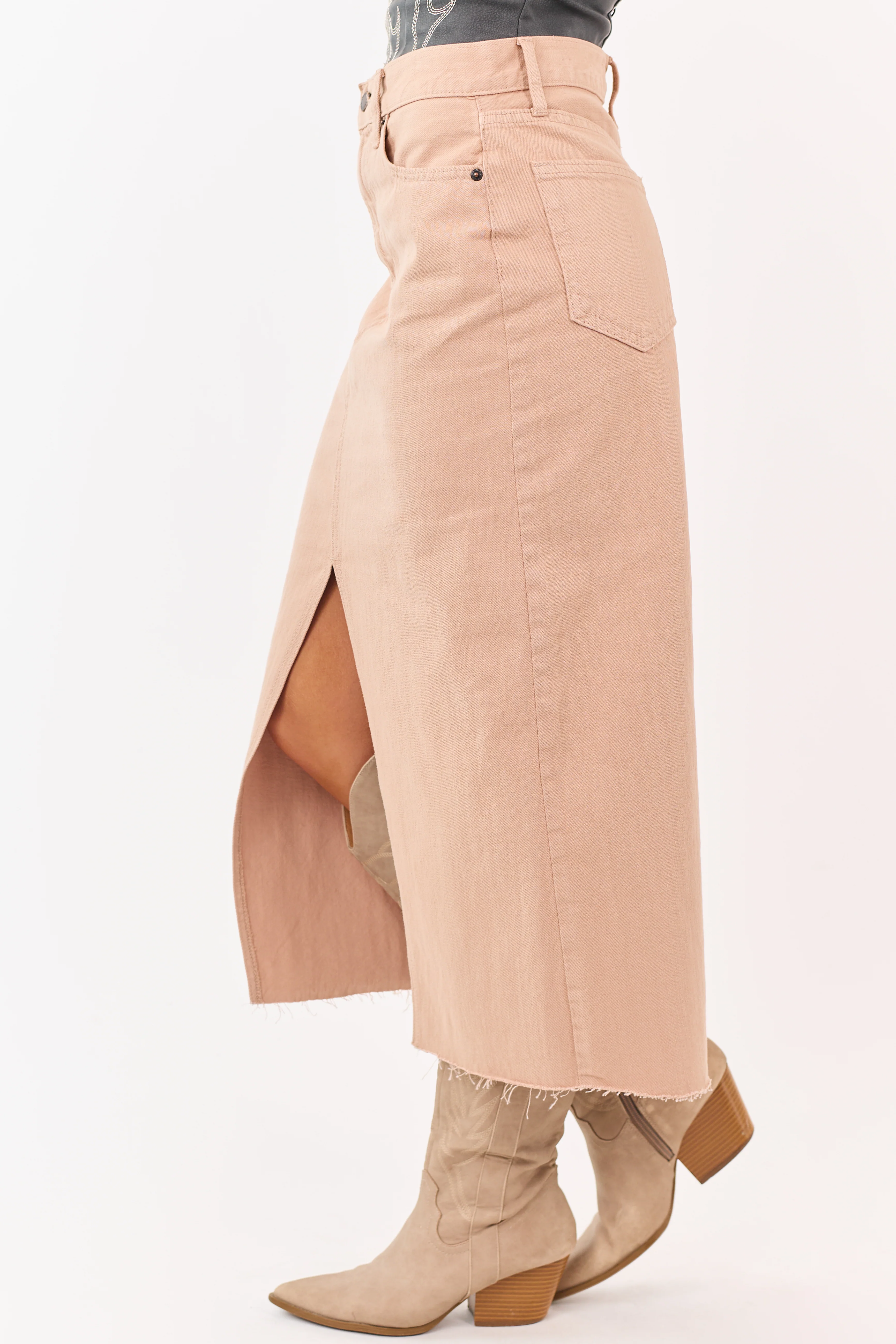 Latte Front Slit Raw Hem Denim Midi Skirt - Image 3