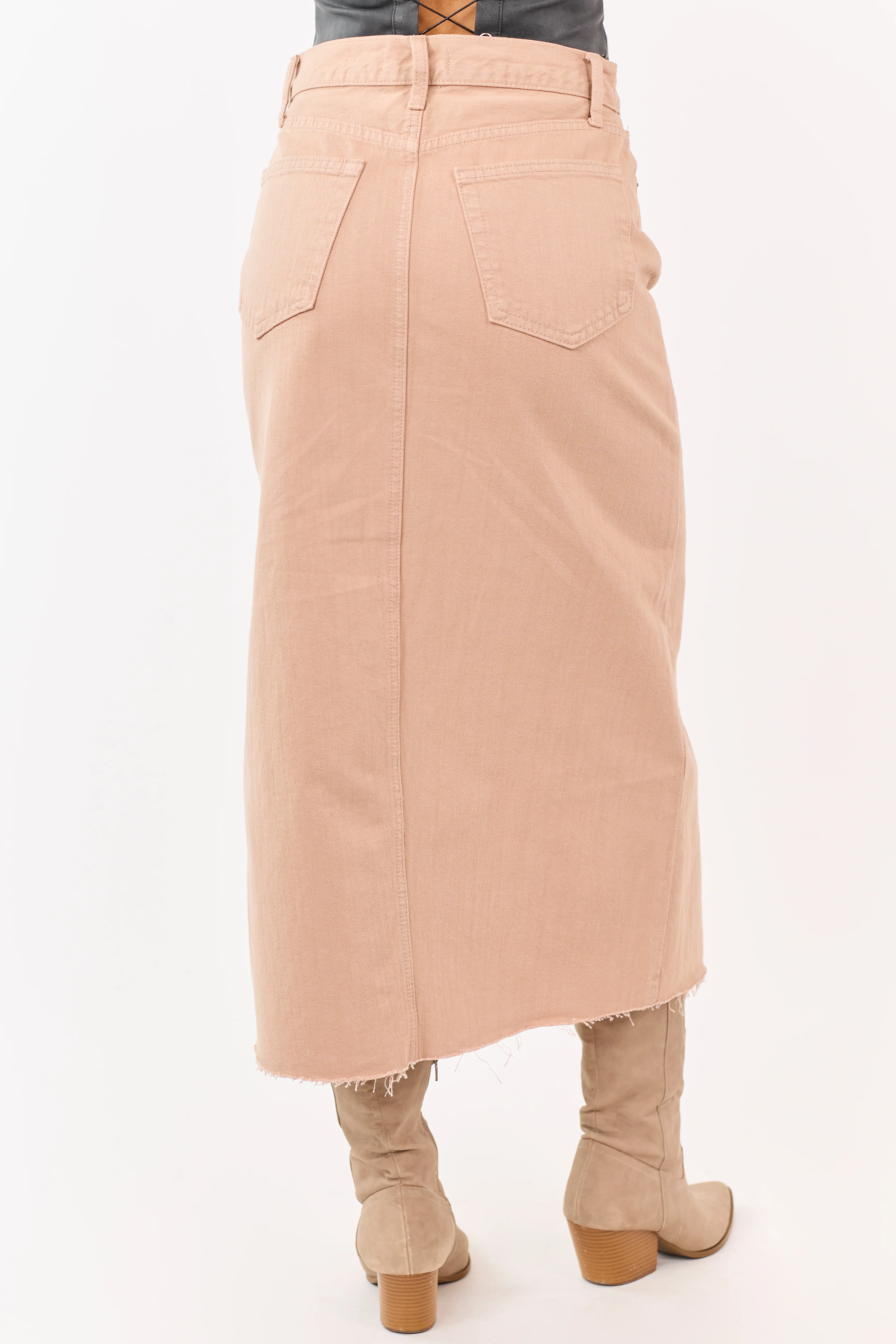 Latte Front Slit Raw Hem Denim Midi Skirt - Image 4