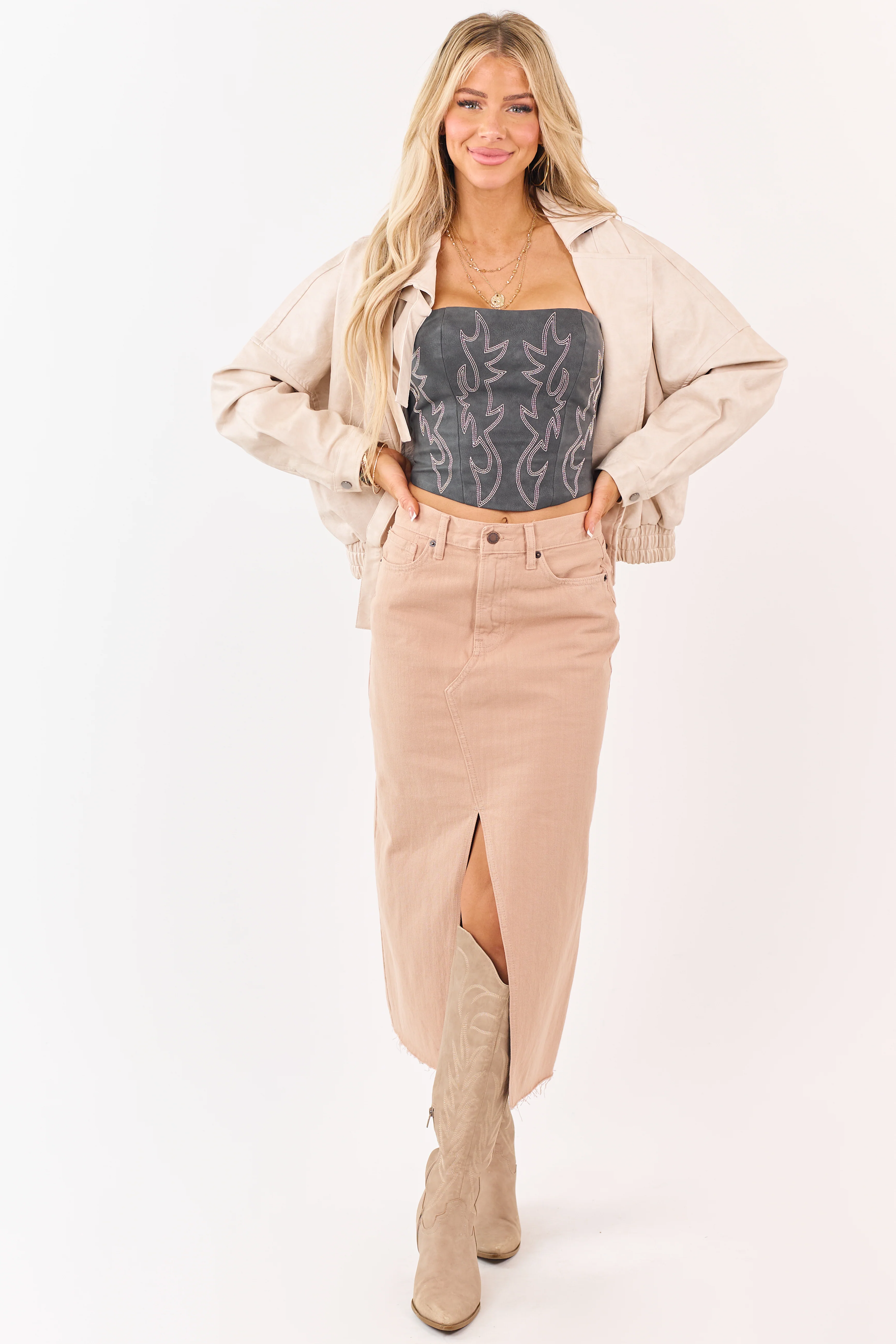 Latte Front Slit Raw Hem Denim Midi Skirt - Image 6