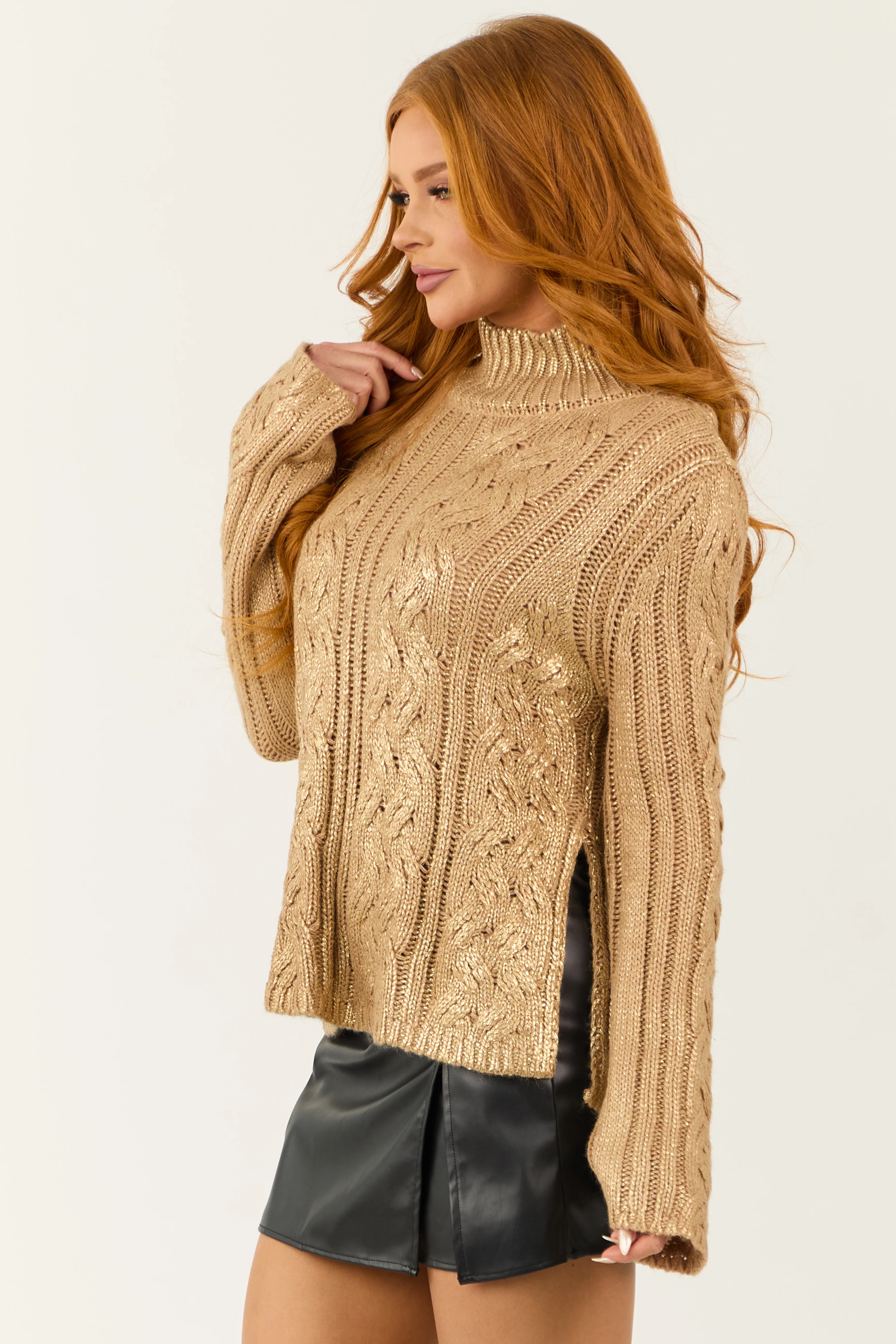 Latte Metallic Cable Knit Mock Neck Sweater - Image 4