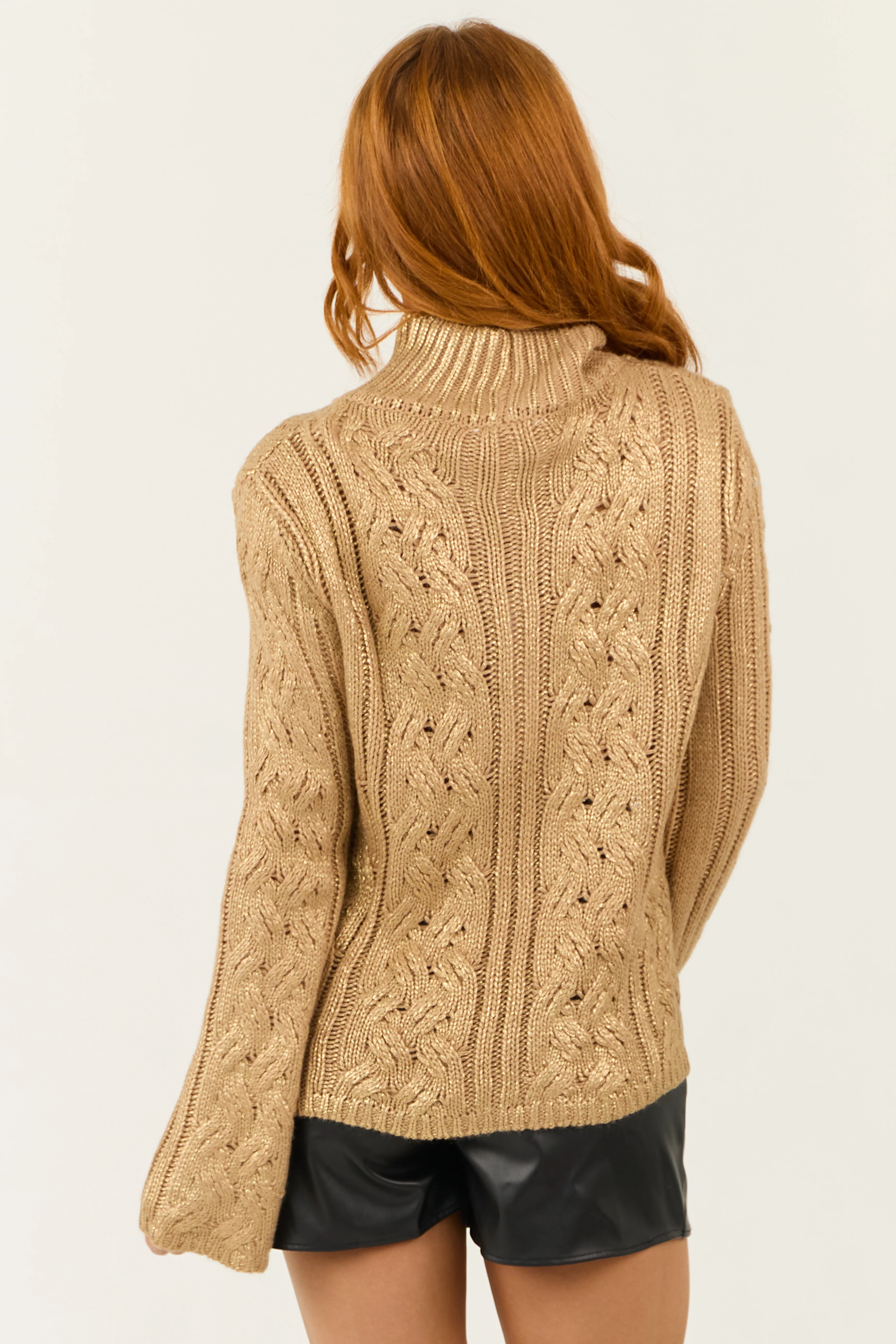 Latte Metallic Cable Knit Mock Neck Sweater - Image 5