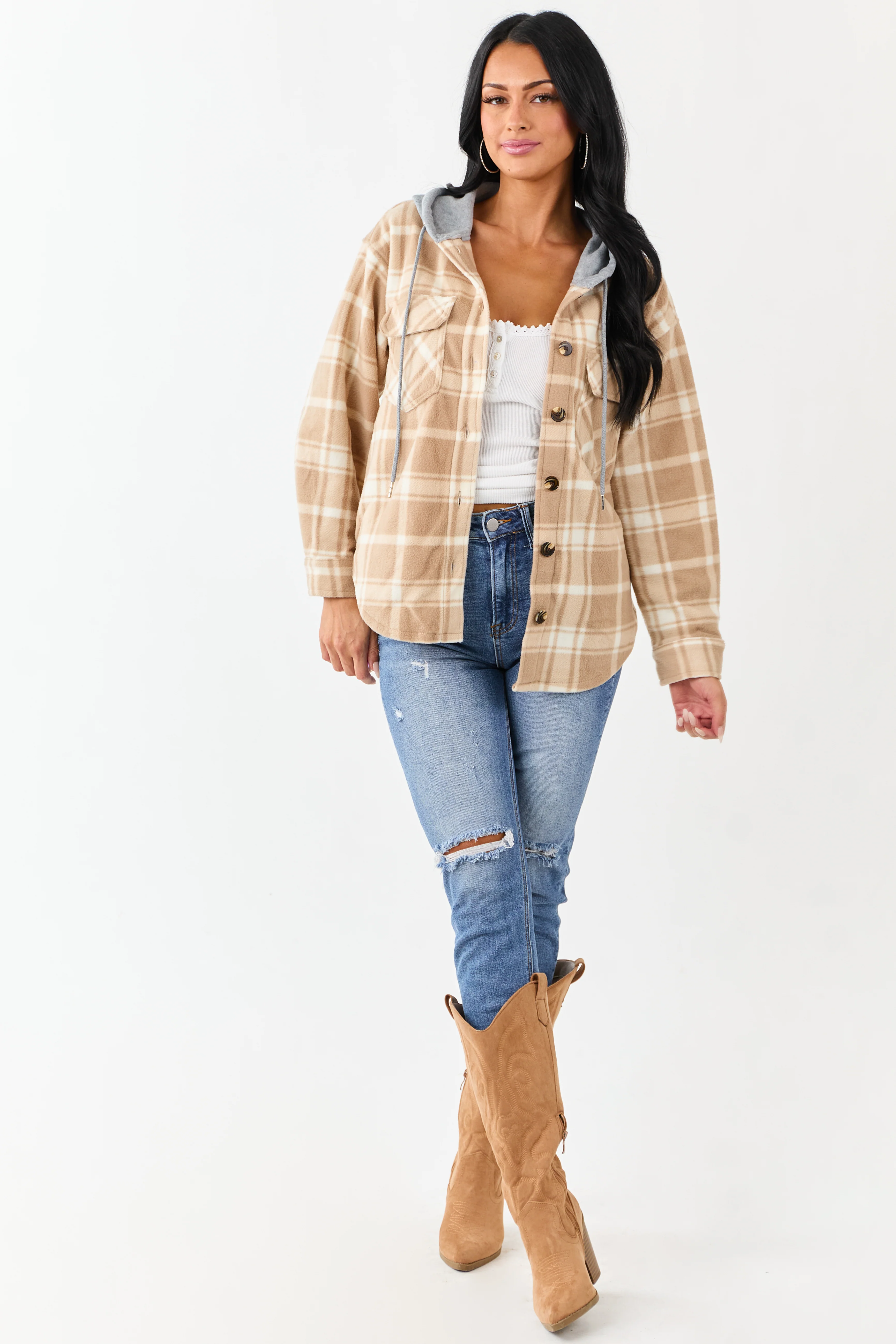 Latte Plaid Contrast Hood Button Down Fleece Jacket - Image 5