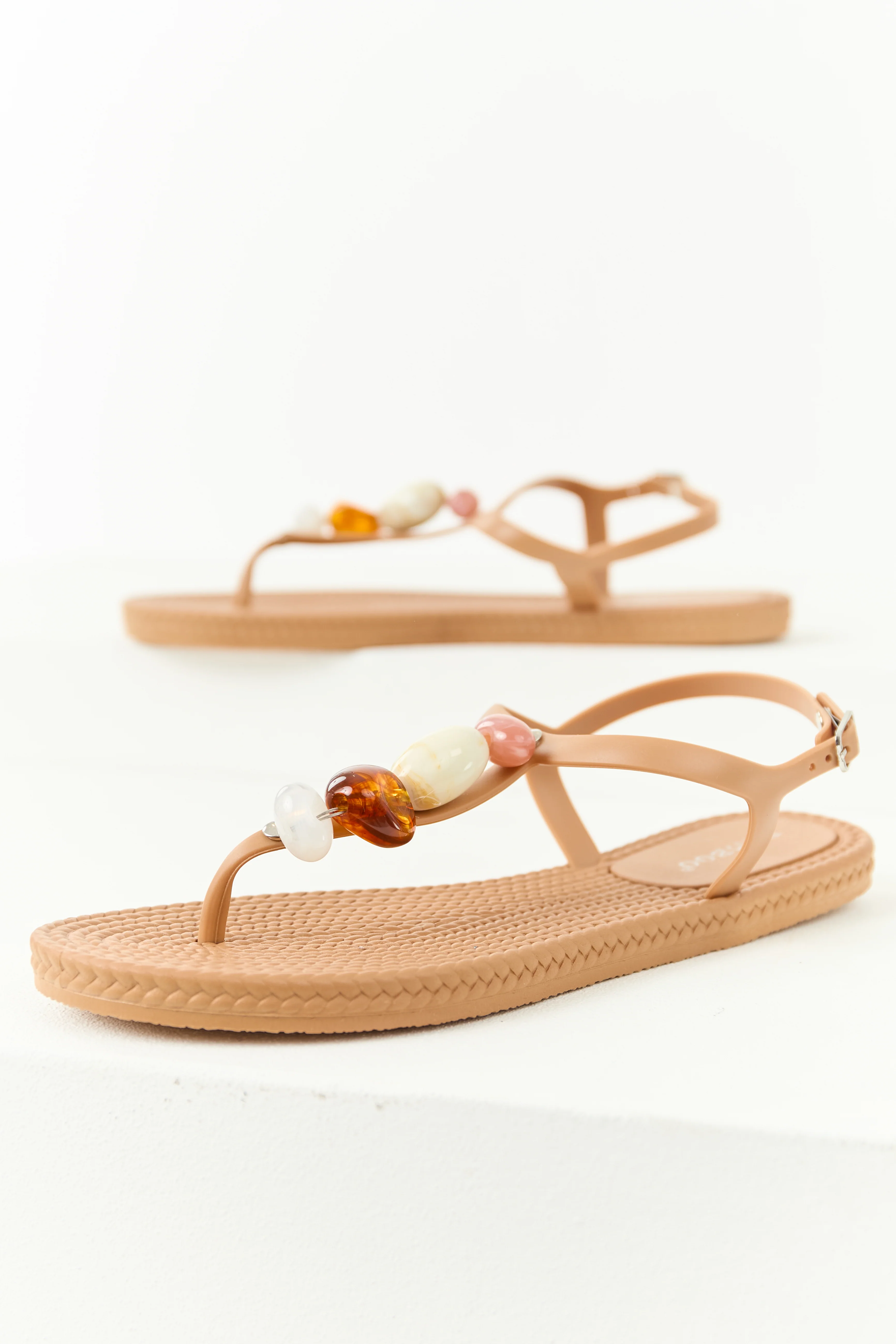 Latte Stone Embellished T-Strap Thong Sandals - Image 2