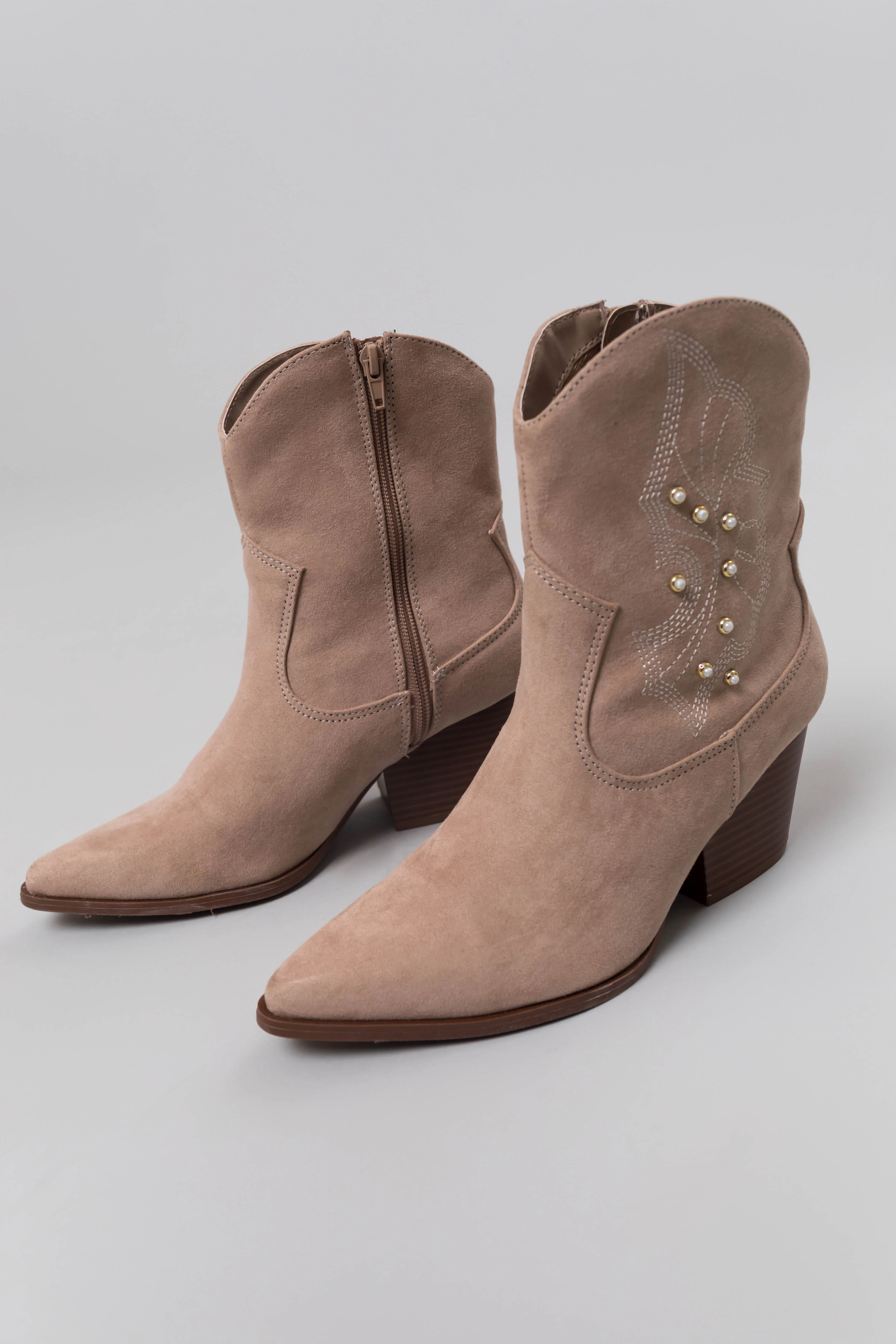 Latte Suede Studded Western Style Booties - Image 5